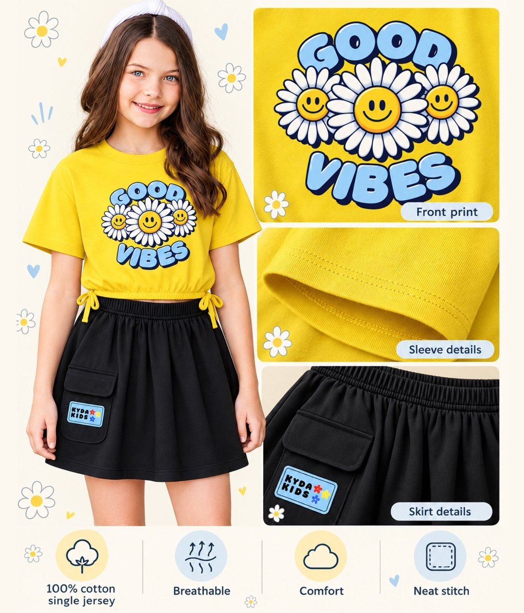 Girls Premium Cotton Printed Crop Top Skirt Coord Set - KYDA ONLINE STORE