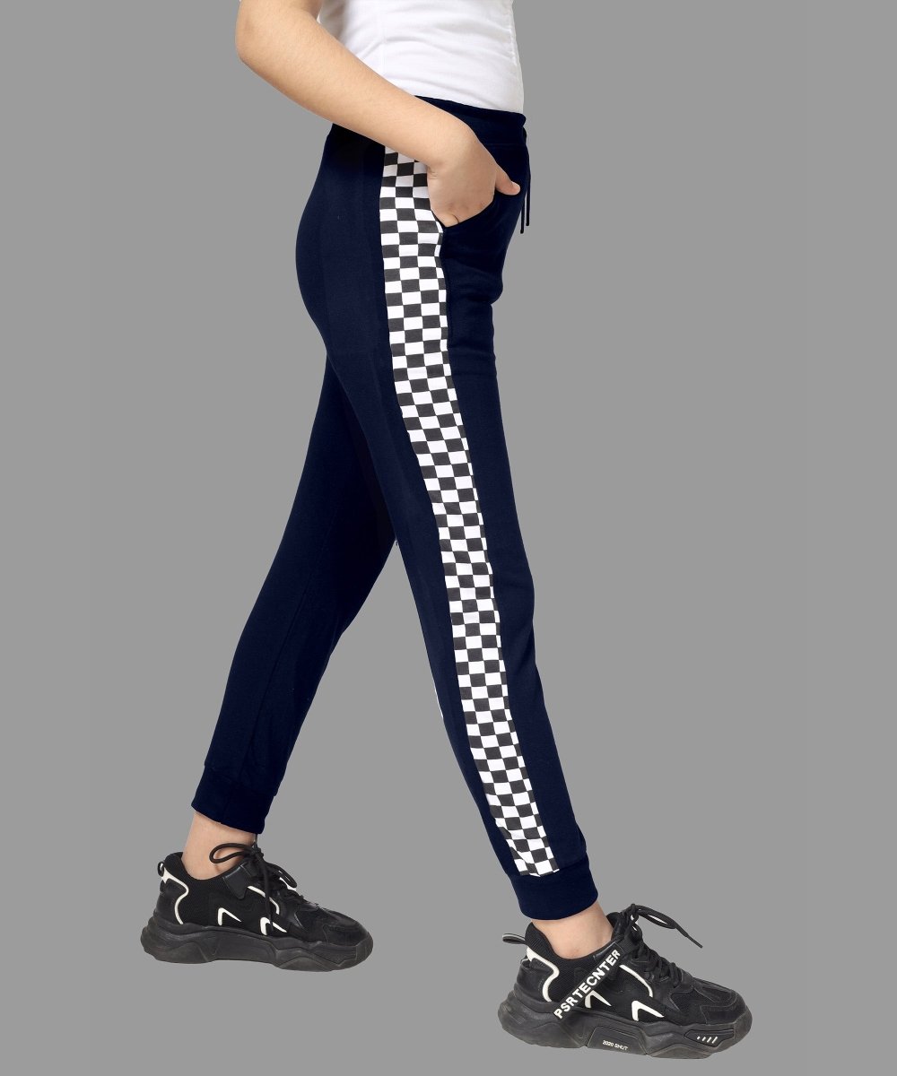 Girls Checkered Side-Stripe Track Pants - Navy - KYDA ONLINE STORE