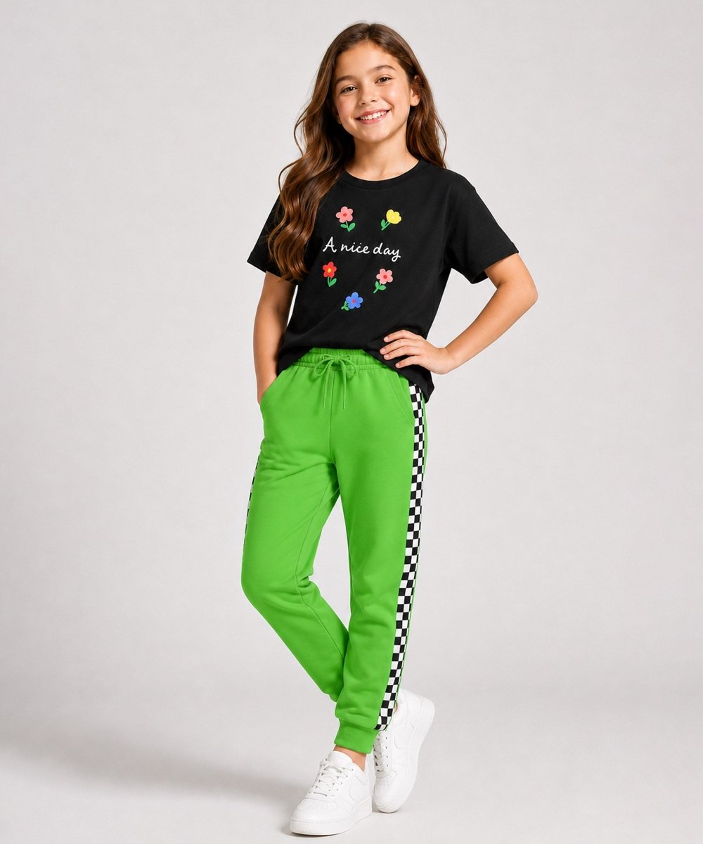 Girls Printed T-Shirt & Jogger Set – Black & Green - KYDA ONLINE STORE