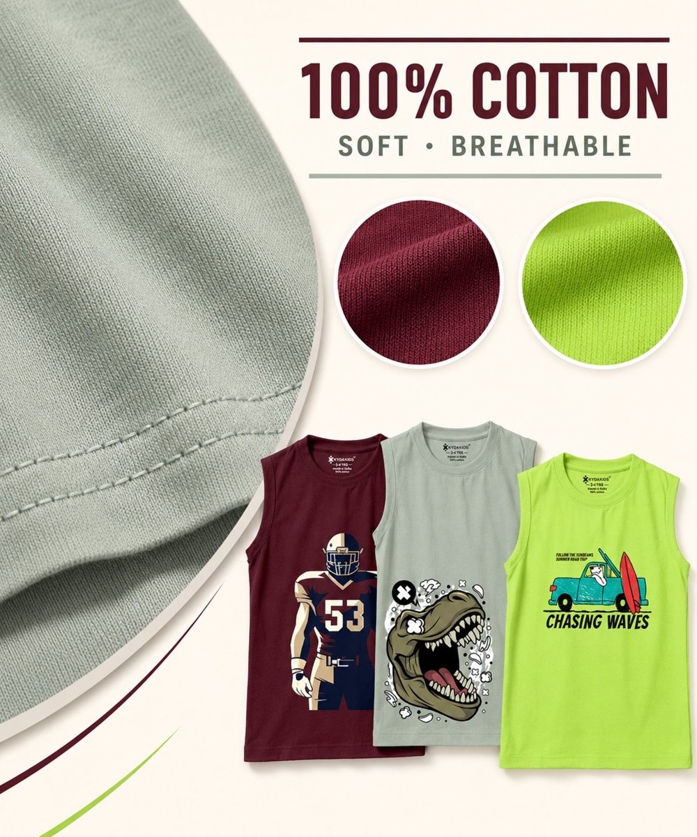 Boys Printed Vest | Loose Fit | Pack of 3 - KYDA ONLINE STORE