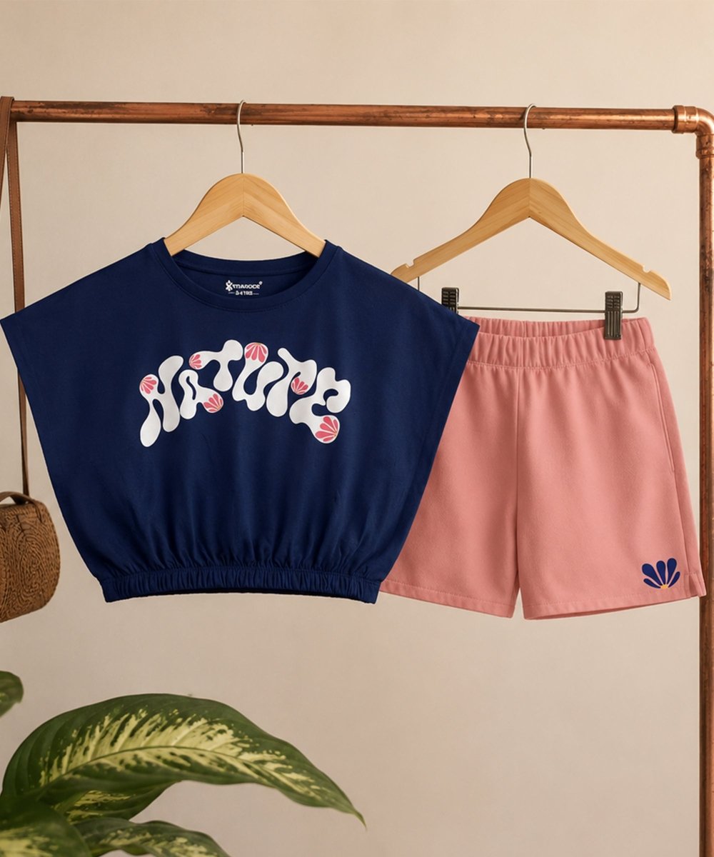 Girls Elastic Waist Flare Crop Top & Shorts Set - KYDA ONLINE STORE