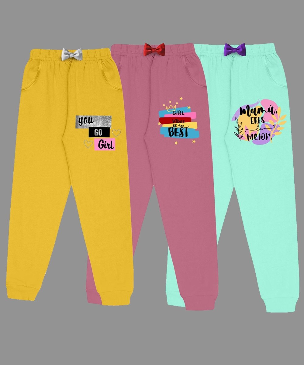 Girls Printed Track Pants with Pocket & Bow | Pack of 3 - KYDA ONLINE STORE