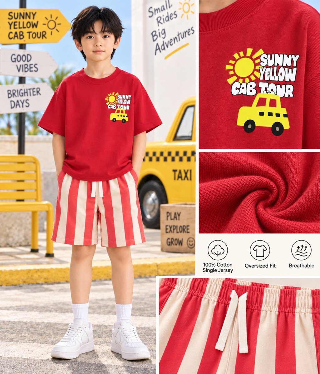 Boys Pure Cotton Printed Oversized T-Shirt Striped Shorts Clothing Set - KYDA ONLINE STORE