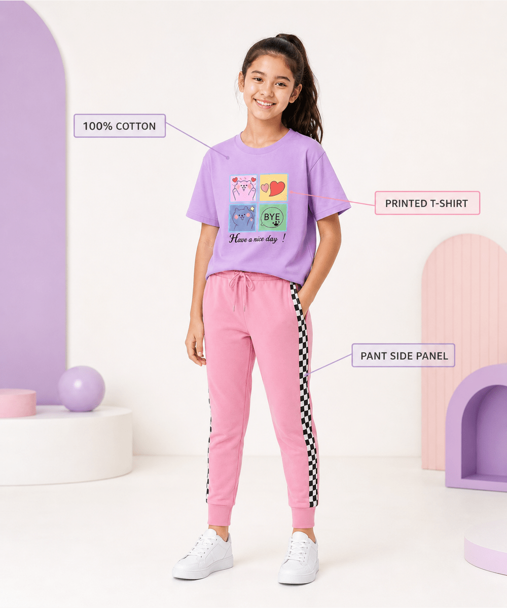 Girls Printed T-Shirt & Jogger Set – Lavender & Pink - KYDA ONLINE STORE