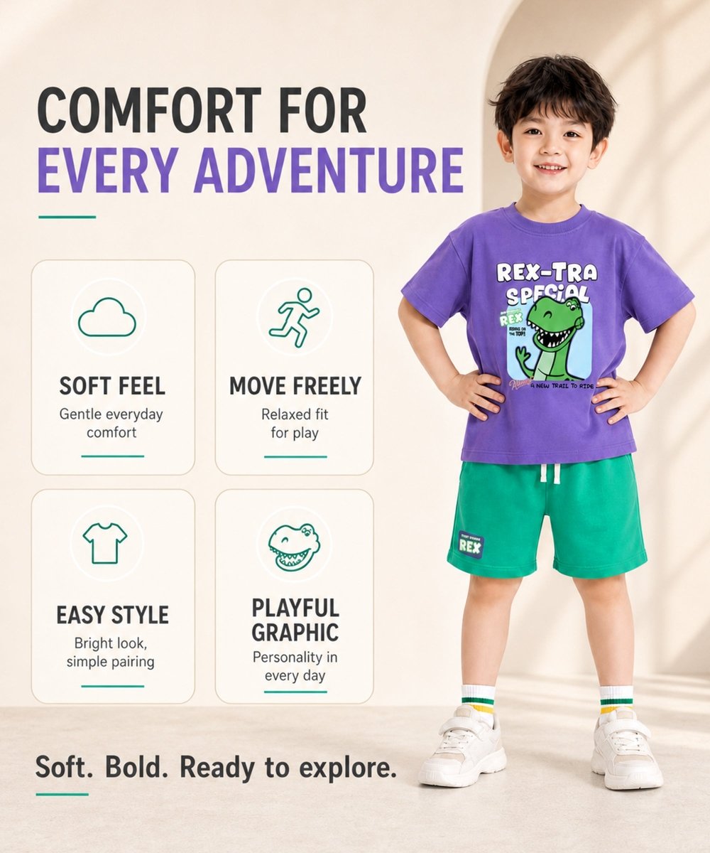 Boys Oversized Dino Print Tee & Shorts Set - KYDA ONLINE STORE