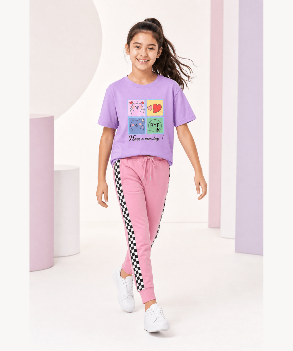 Girls Printed T-Shirt & Jogger Set – Lavender & Pink - KYDA ONLINE STORE