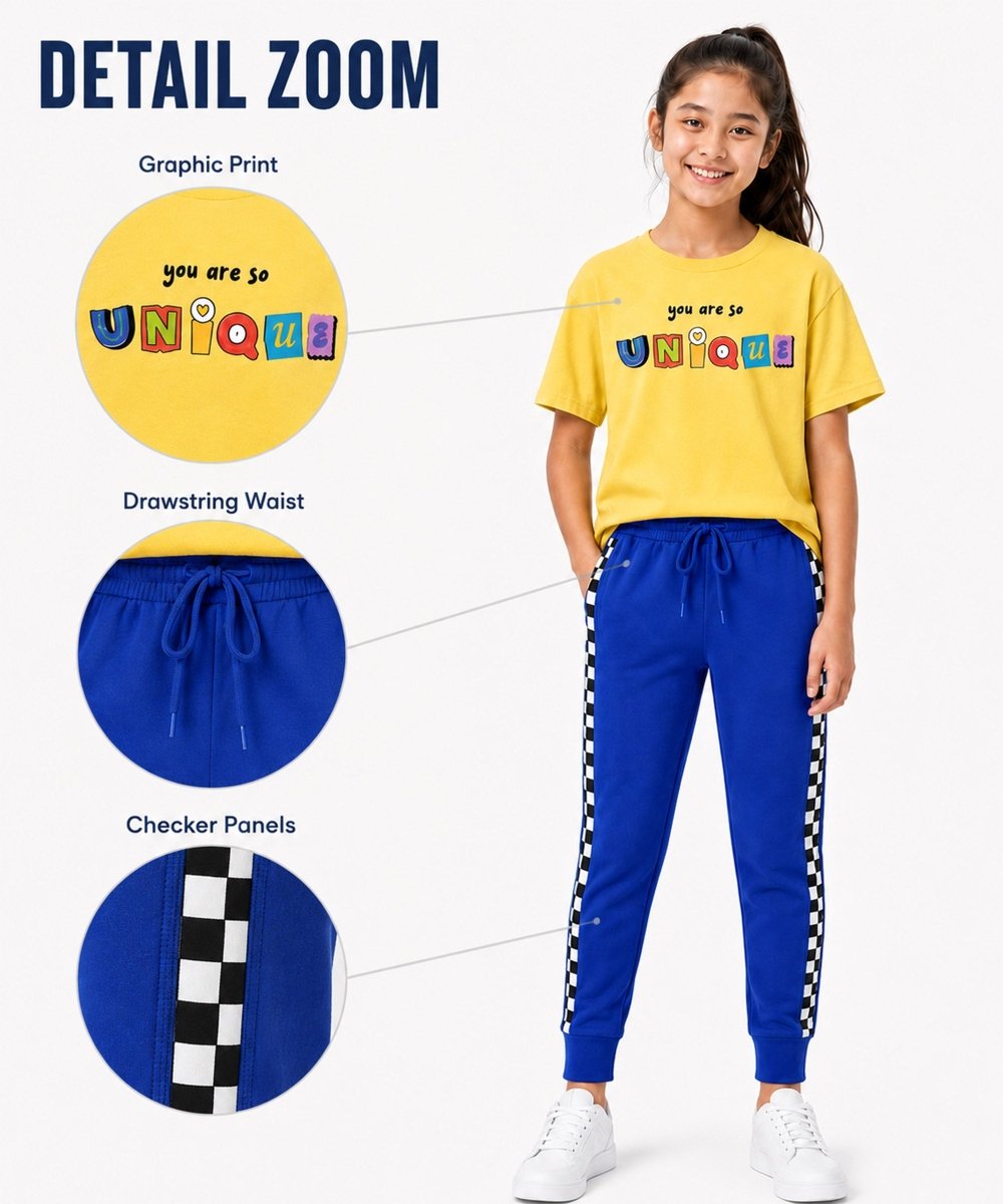 Girls Printed T-Shirt & Jogger Set – Yellow & Royal Blue - KYDA ONLINE STORE