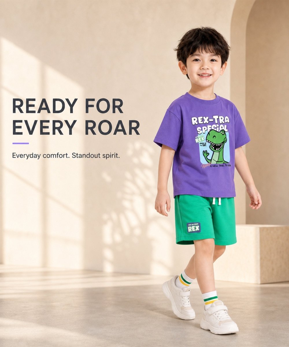 Boys Oversized Dino Print Tee & Shorts Set - KYDA ONLINE STORE