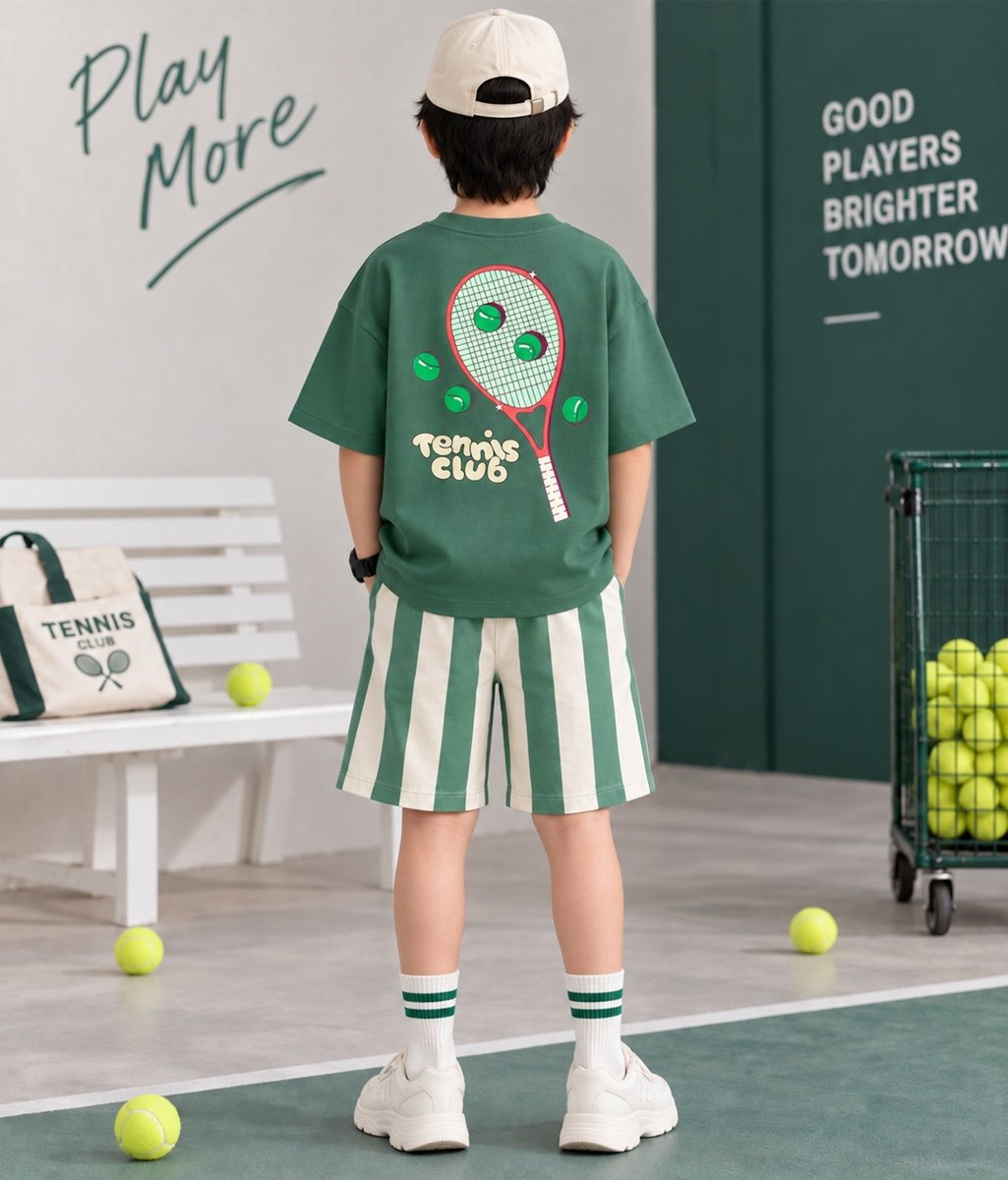 Boys Pure Cotton Printed Oversized T-Shirt Striped Shorts Clothing Set - KYDA ONLINE STORE
