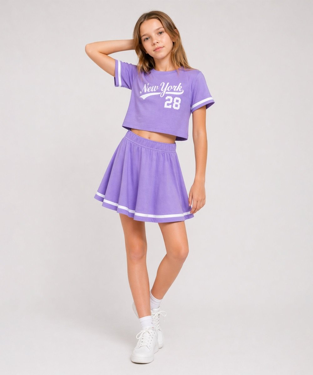 Girls Cotton Printed T-Shirt Flared Skirt With Inner Shorts Coord Set - KYDA ONLINE STORE