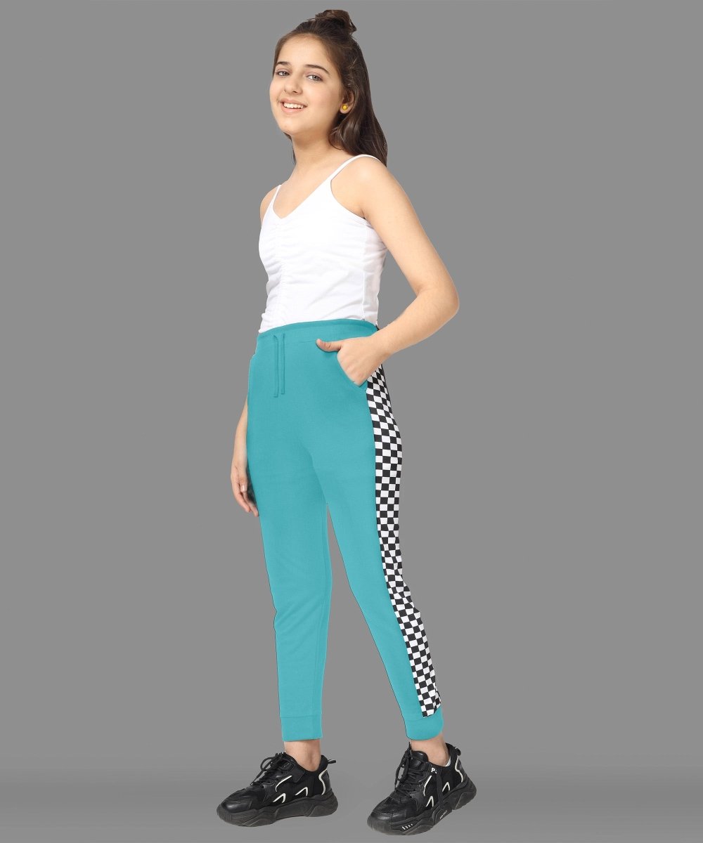 Girls Checkered Side-Stripe Track Pants - SkyBlue - KYDA ONLINE STORE