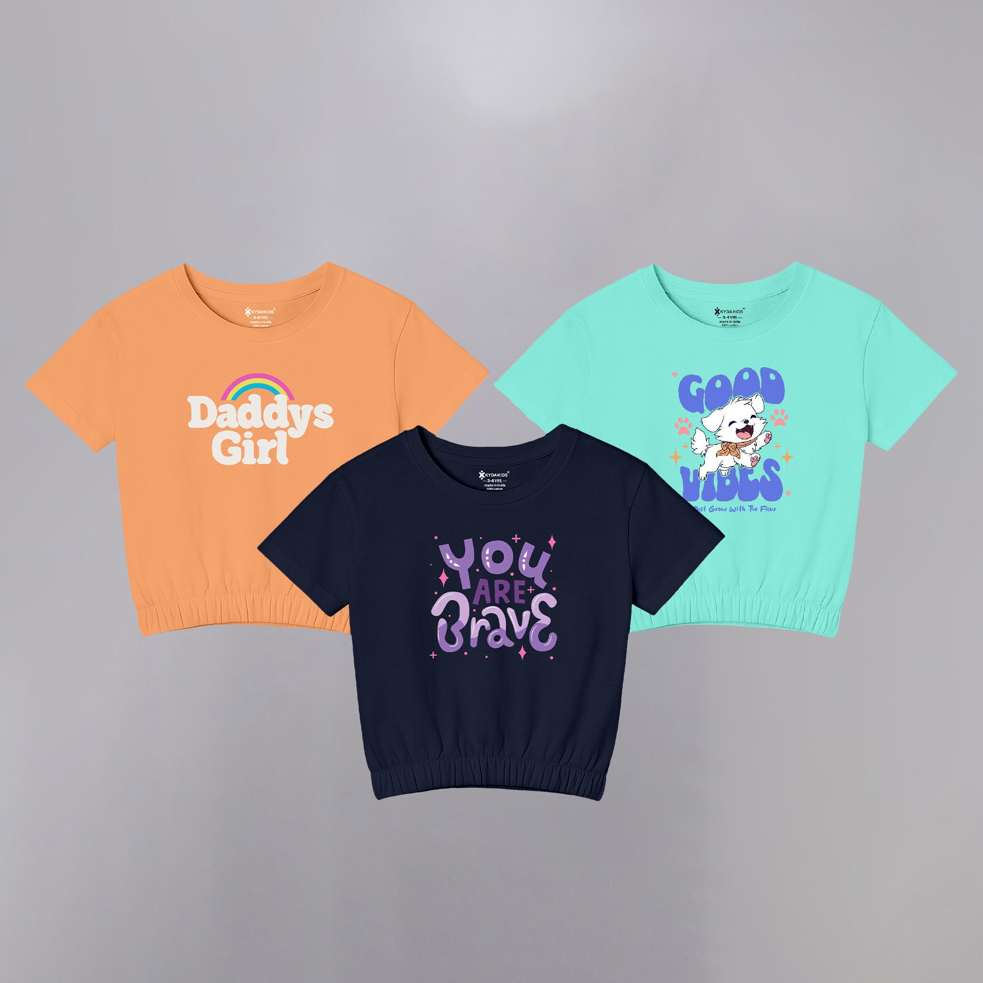 Girls1 00% Pure Cotton Regular fit Short Sleeve Printed Crop top T-Shirt -Combo 3