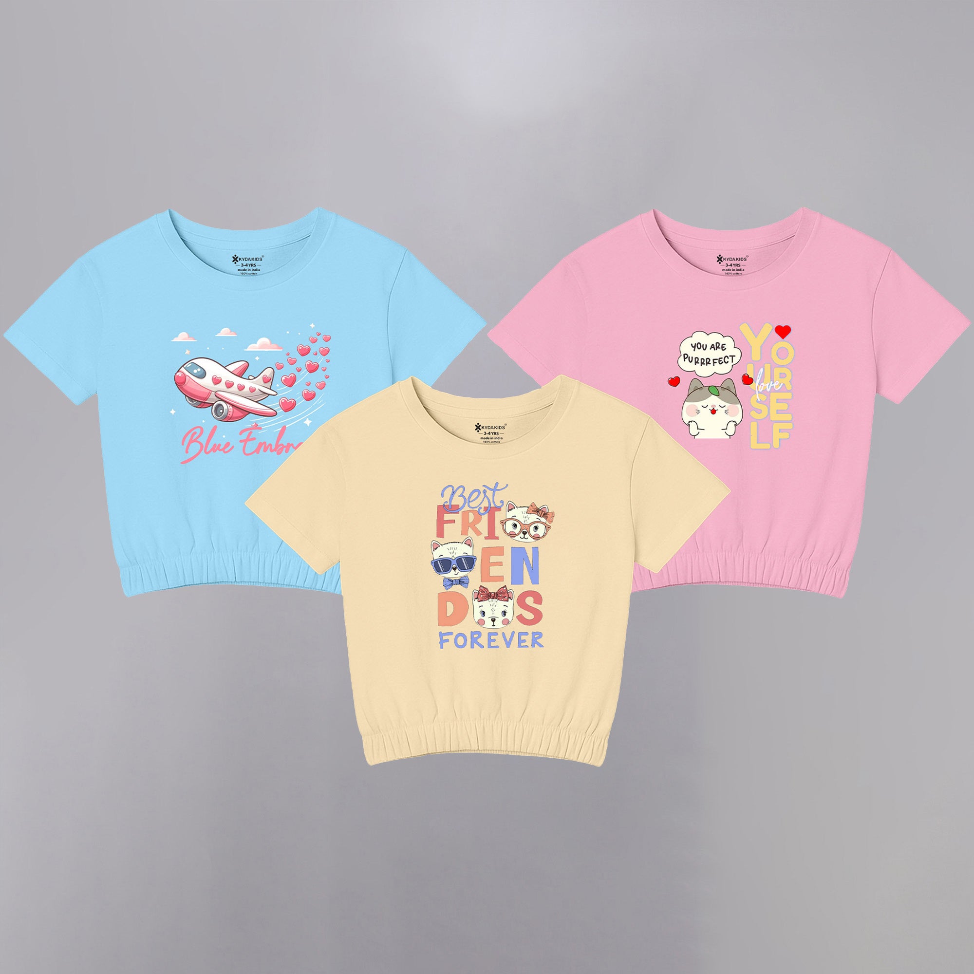 Girls1 00% Pure Cotton Regular fit Short Sleeve Printed Crop top T-Shirt -Combo 1