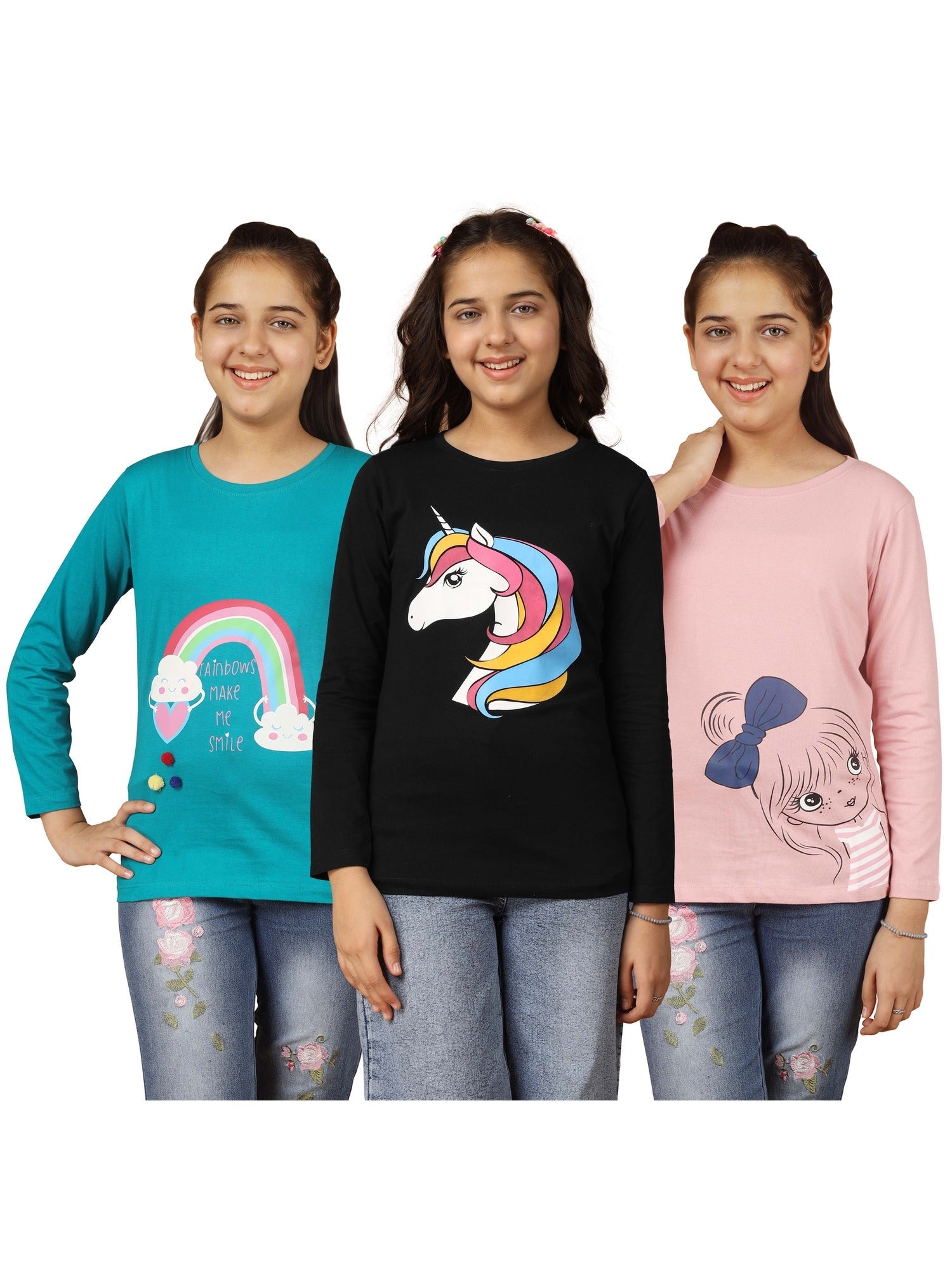 Girls Bio Washed Full Sleeve T-Shirt (Pack of 3)