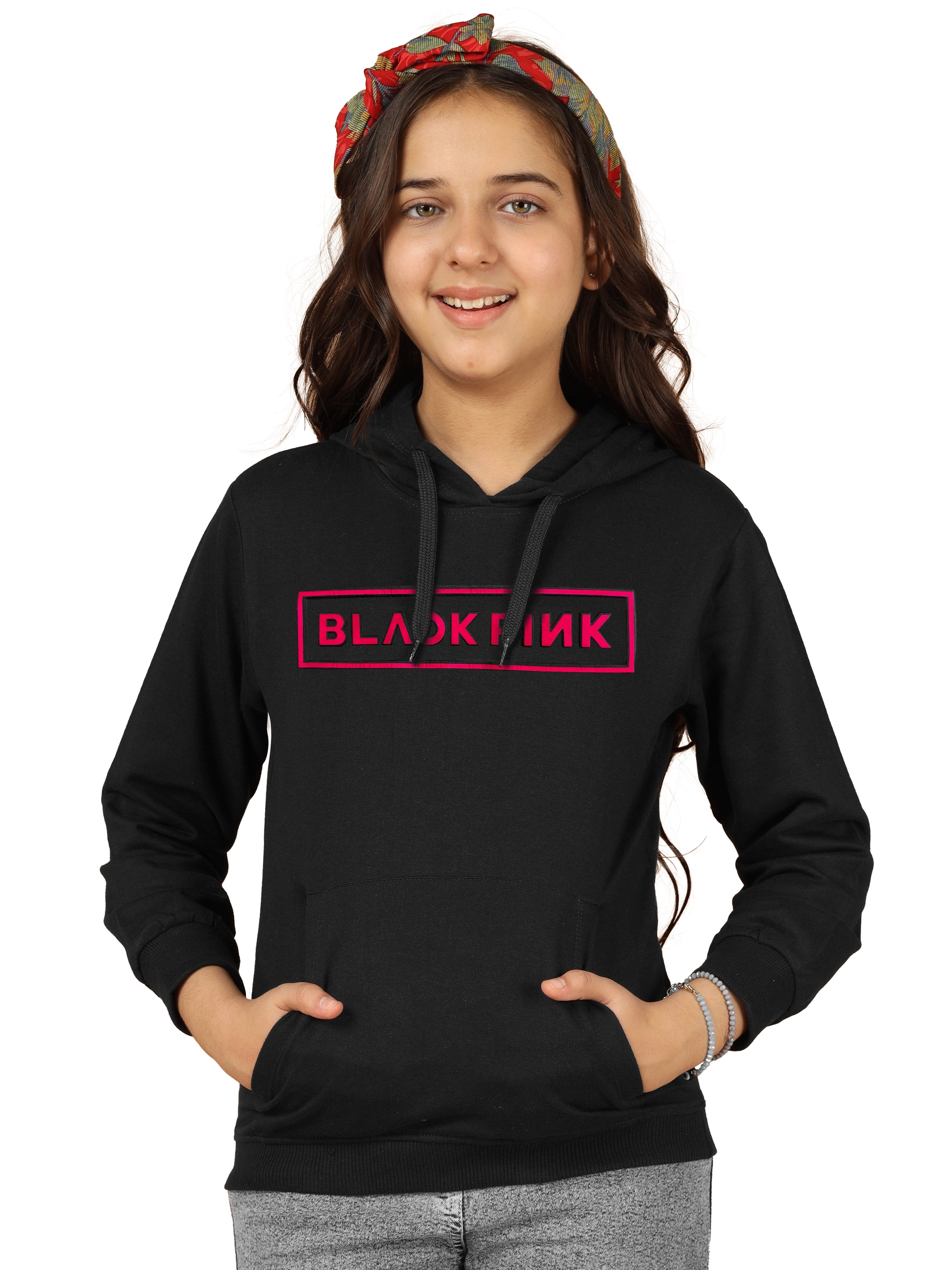 Girls Cotton Hooded Neck Hoodies - Black
