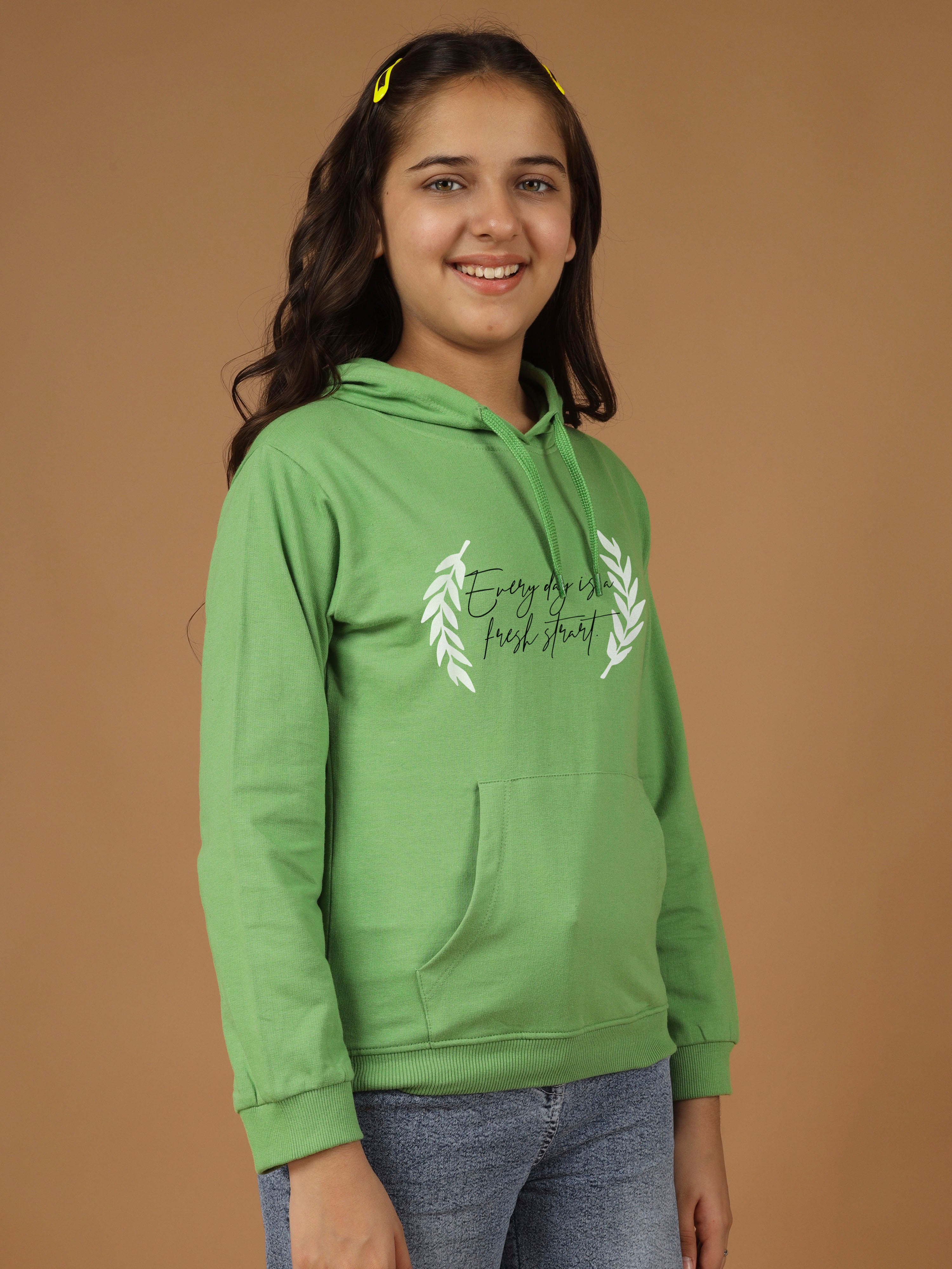 Girls Cotton Hooded Neck Hoodies - Olive Green