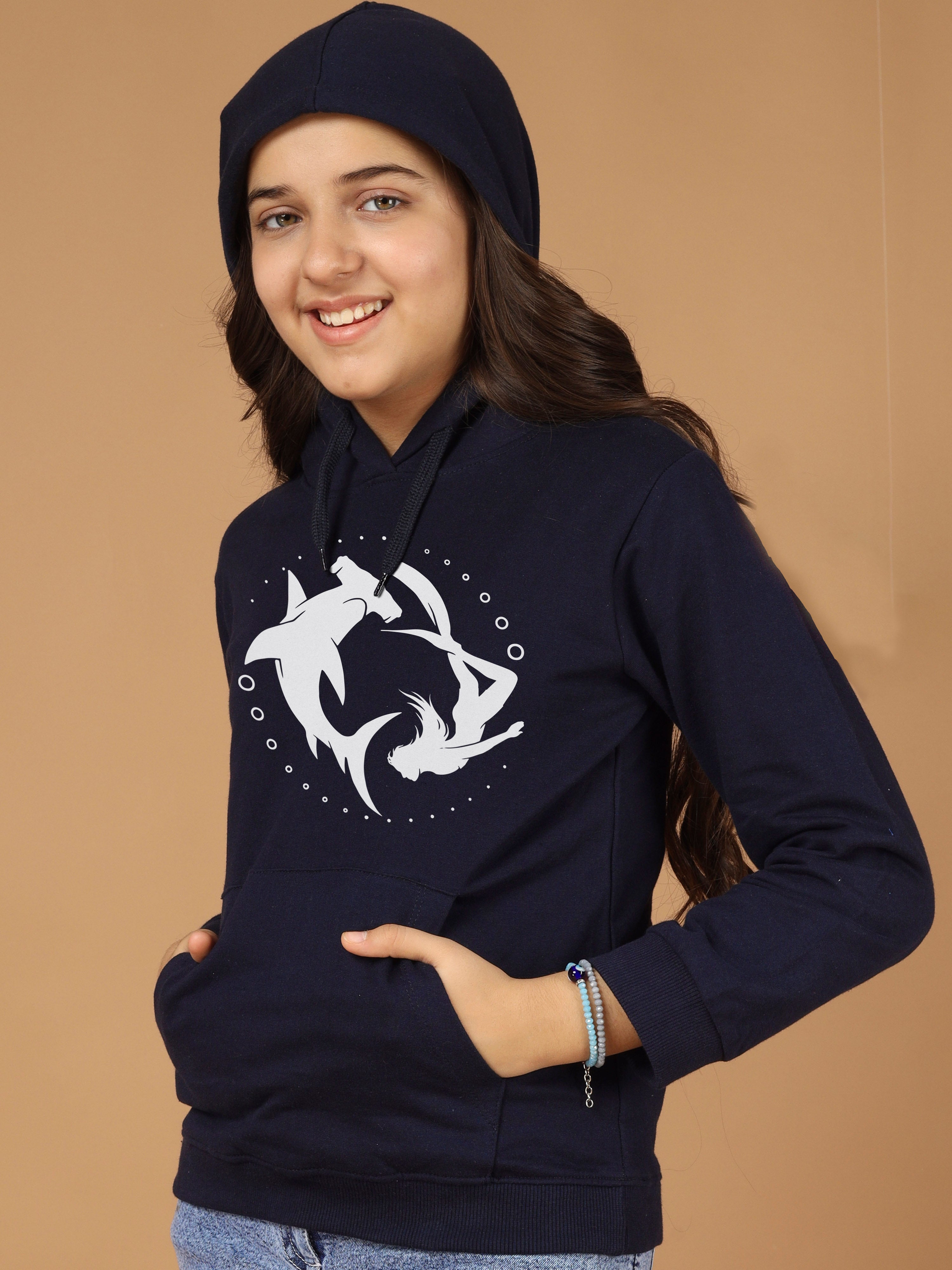 Girls Cotton Hooded Neck Hoodies - Navy