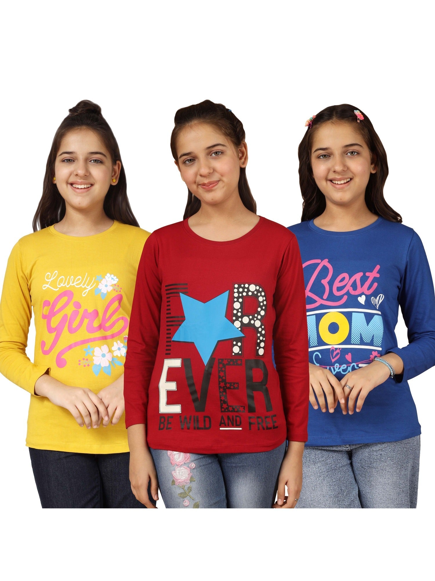 Girls Cotton Printed Full Sleeve T-Shirt - ? (Pack of 3)
