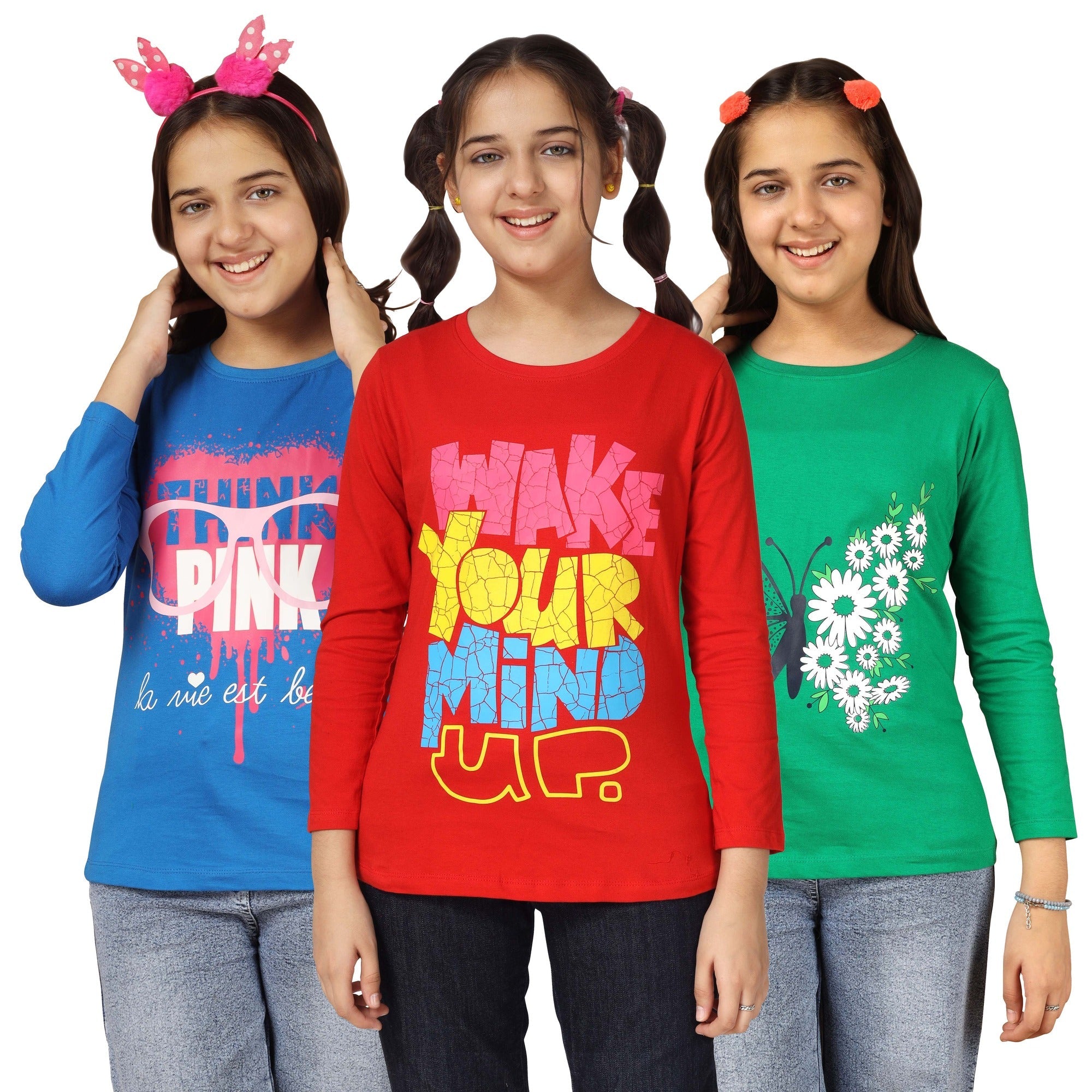 Grils Cotton Full Sleeve Printed T-Shirt (Pack of 3)