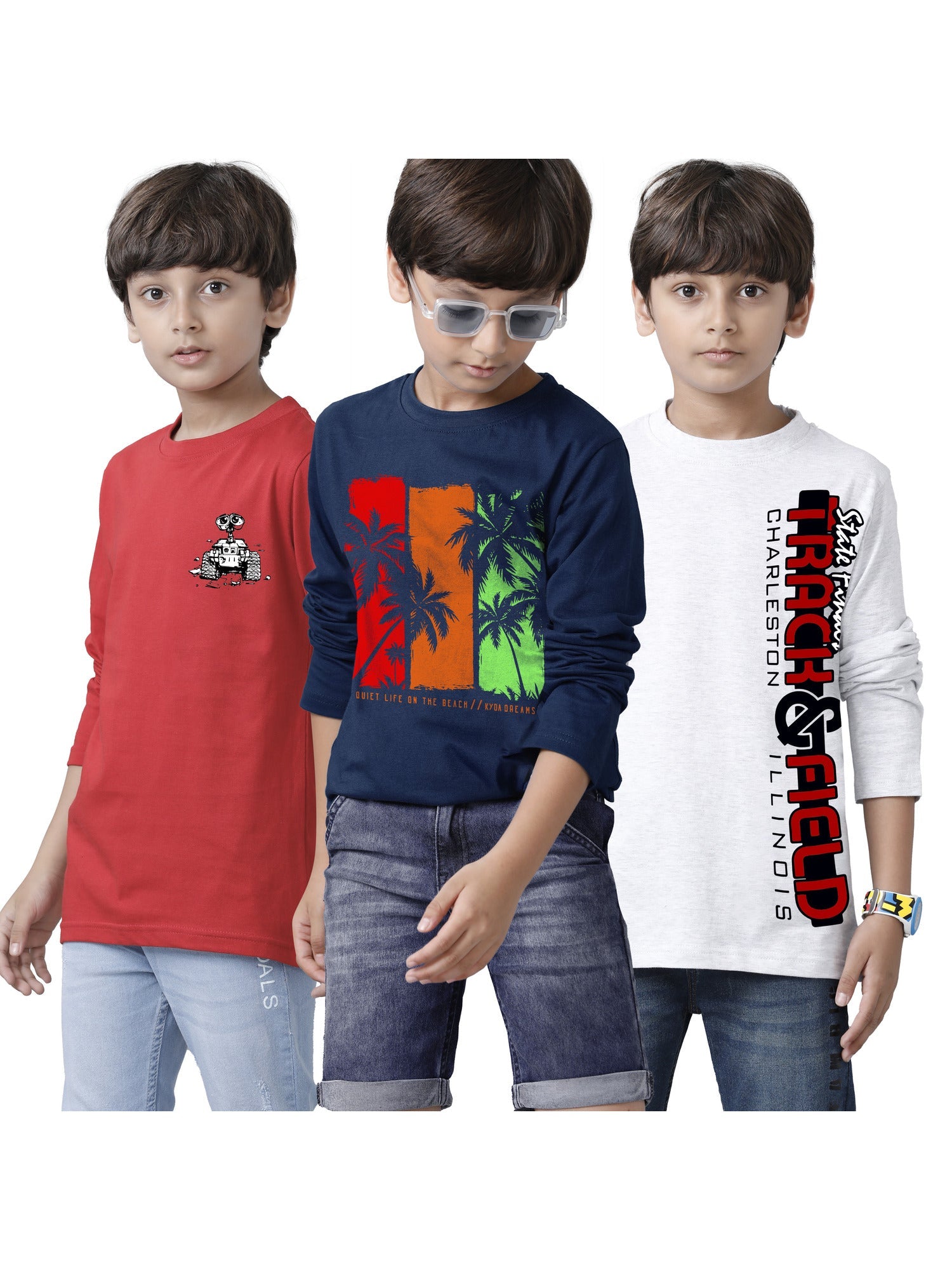 Boys Cotton Printed Full Sleeve T-Shirts Regular Fit (Pack of 3)