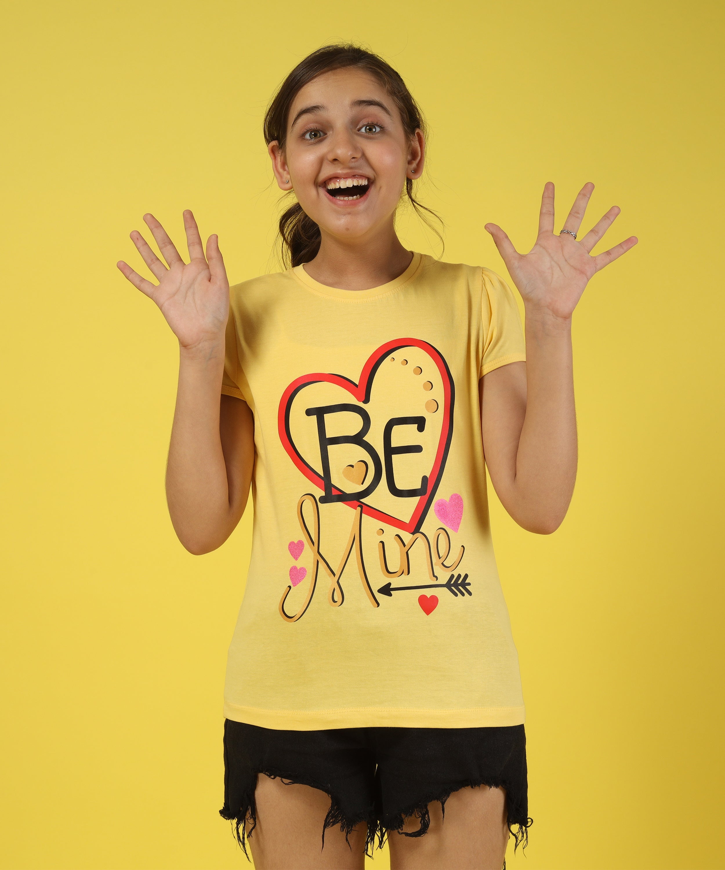Girls Cotton Half Sleeve Printed Tops- LightYellow