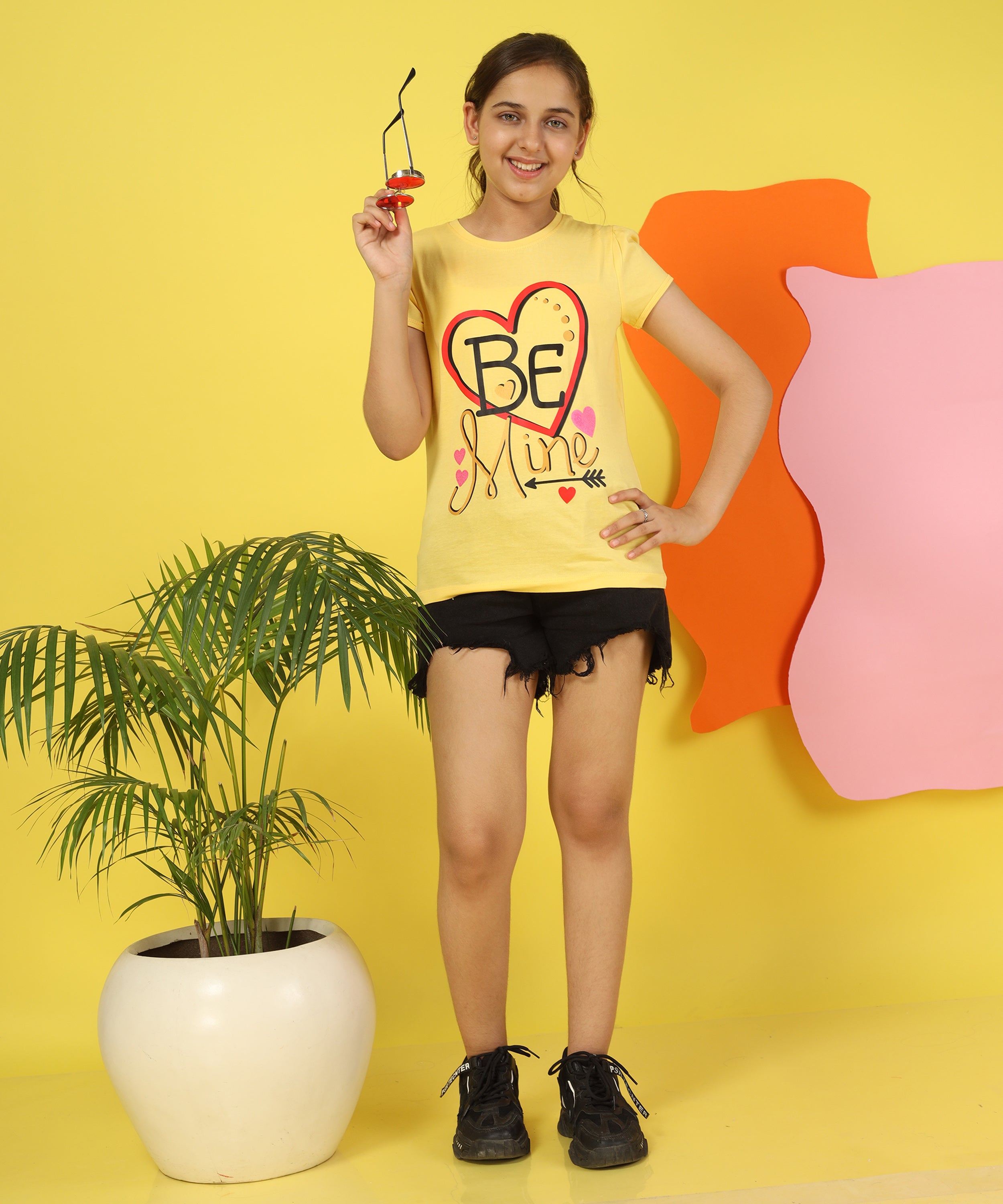 Girls Cotton Half Sleeve Printed Tops- LightYellow