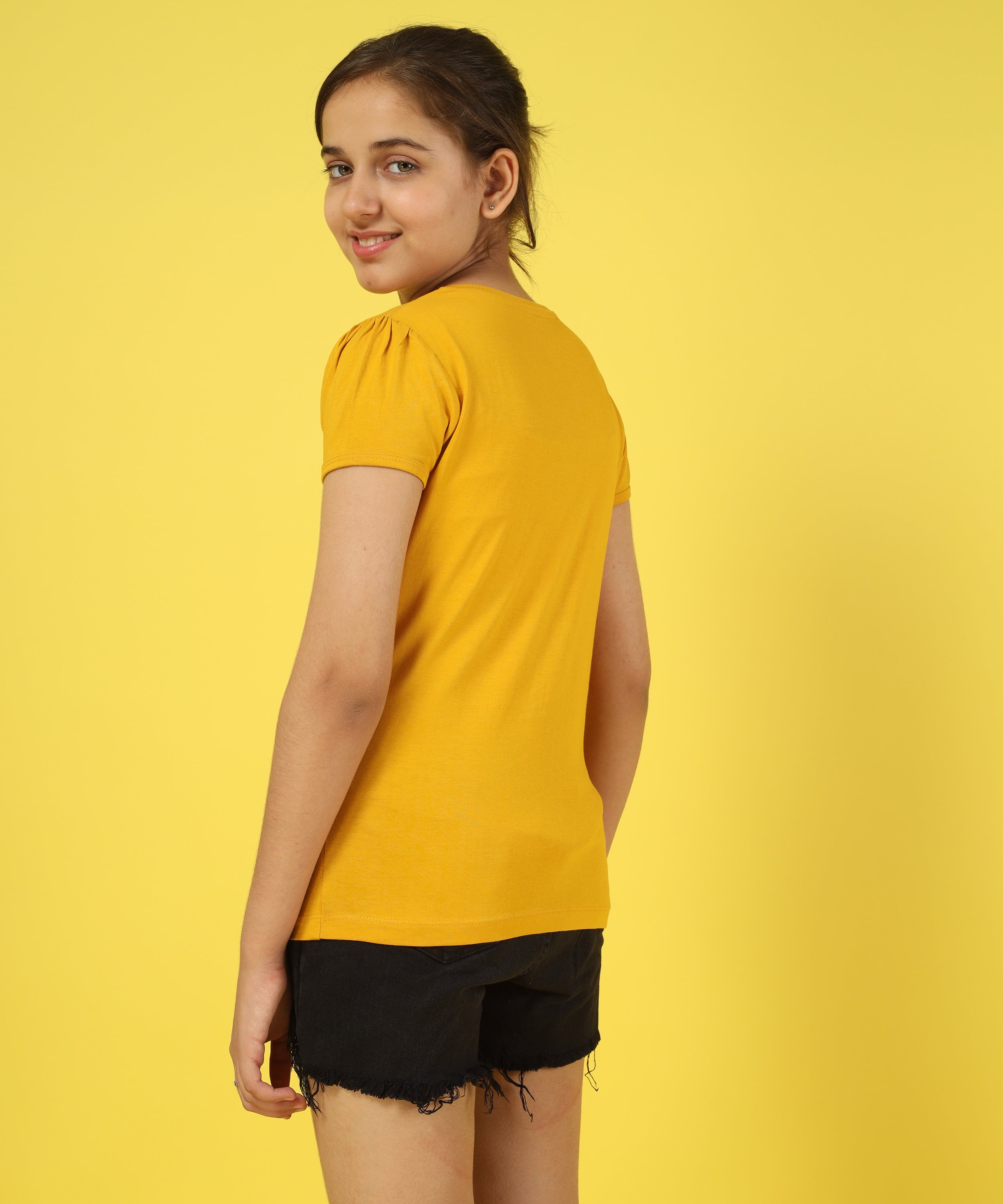 Girls Cotton Half Sleeve Printed Tops- Yellow