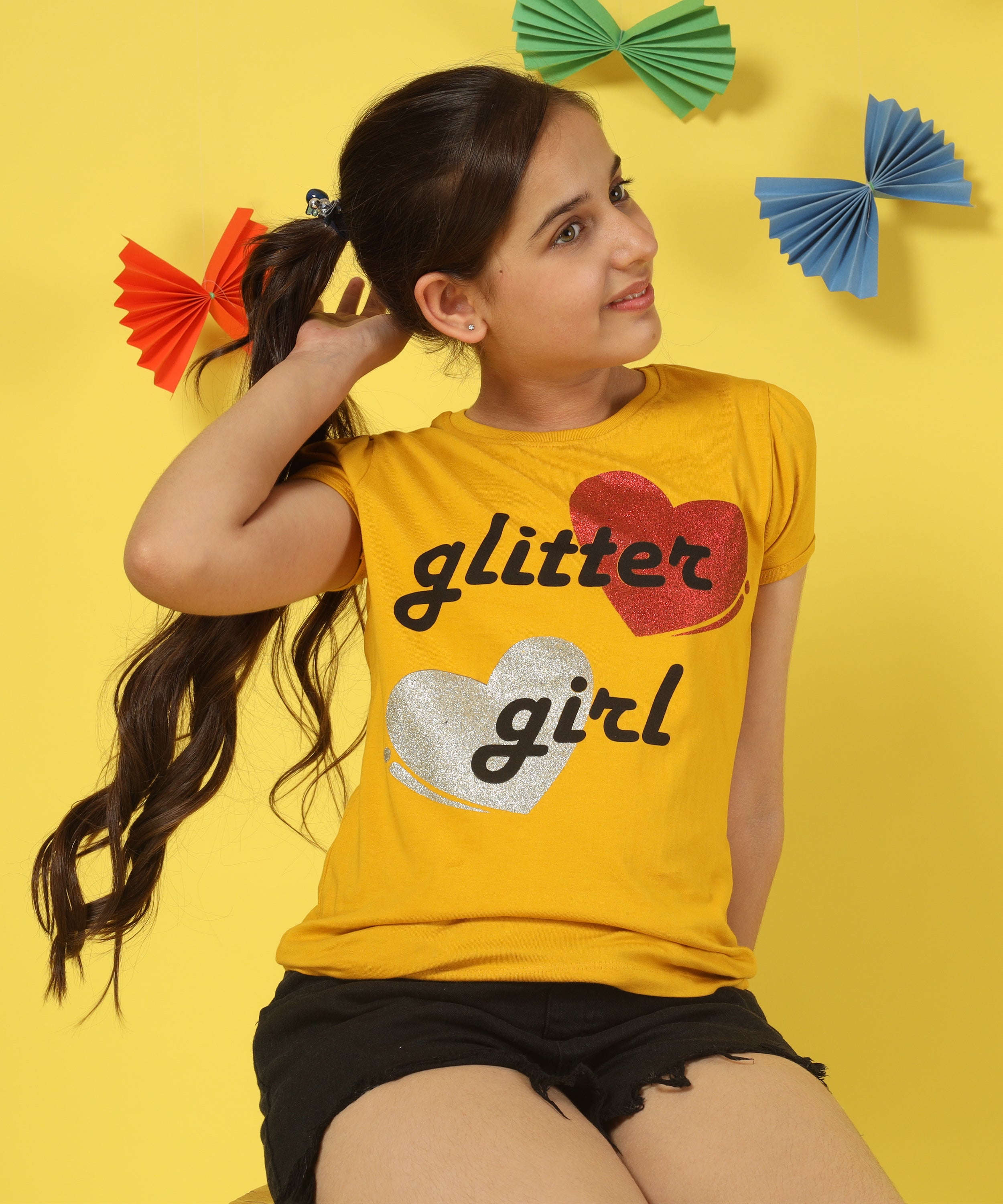 Girls Cotton Half Sleeve Printed Tops- Yellow