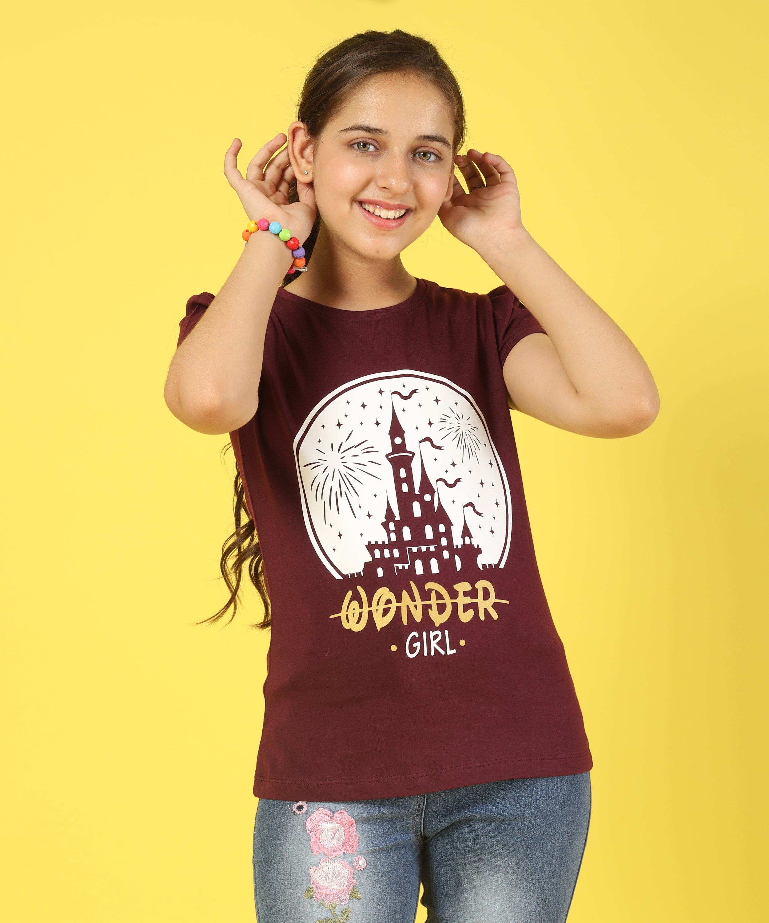 Girls Cotton Half Sleeve Printed Tops- Maroon