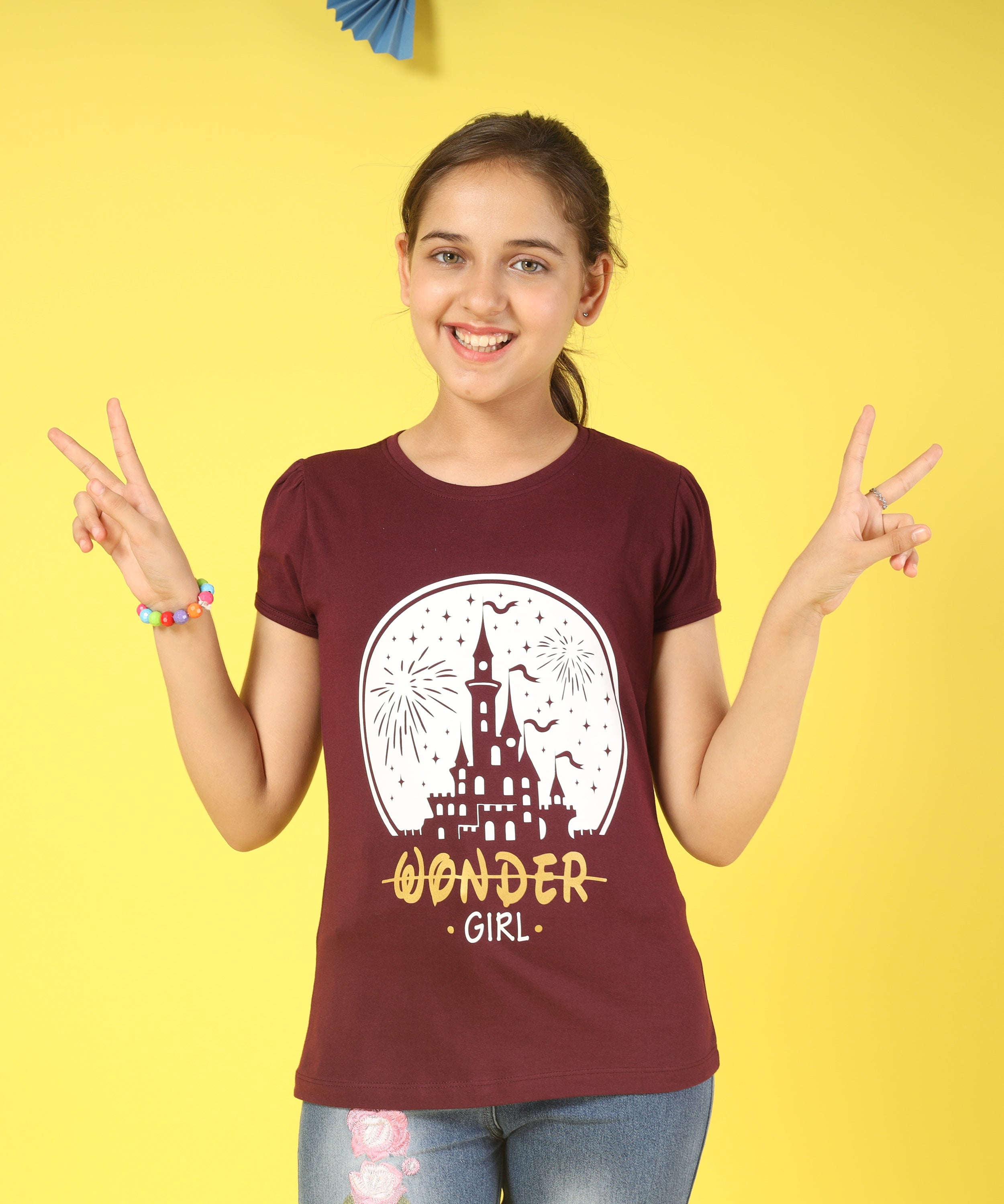 Girls Cotton Half Sleeve Printed Tops- Maroon
