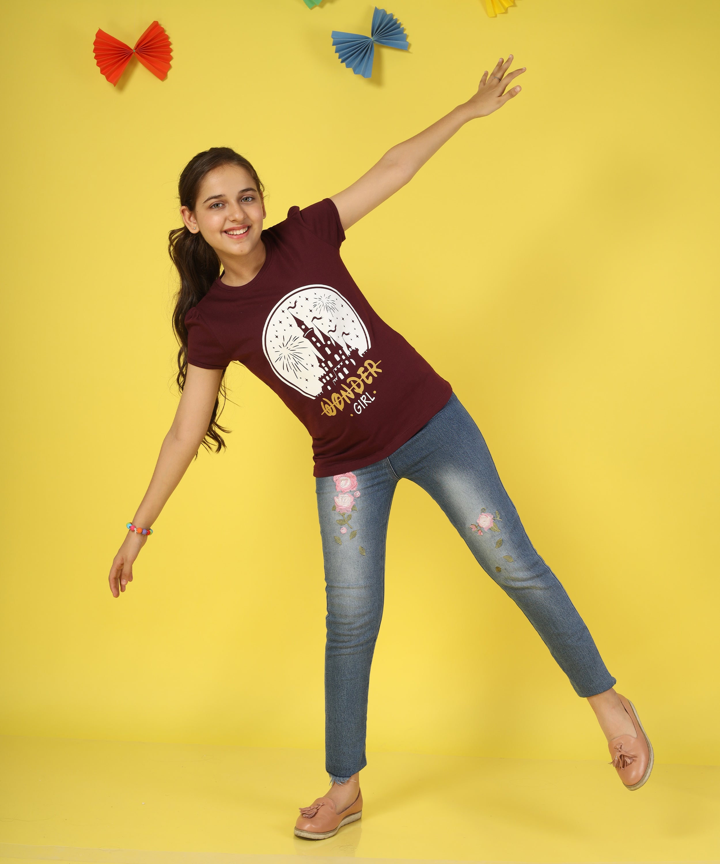Girls Cotton Half Sleeve Printed Tops- Maroon