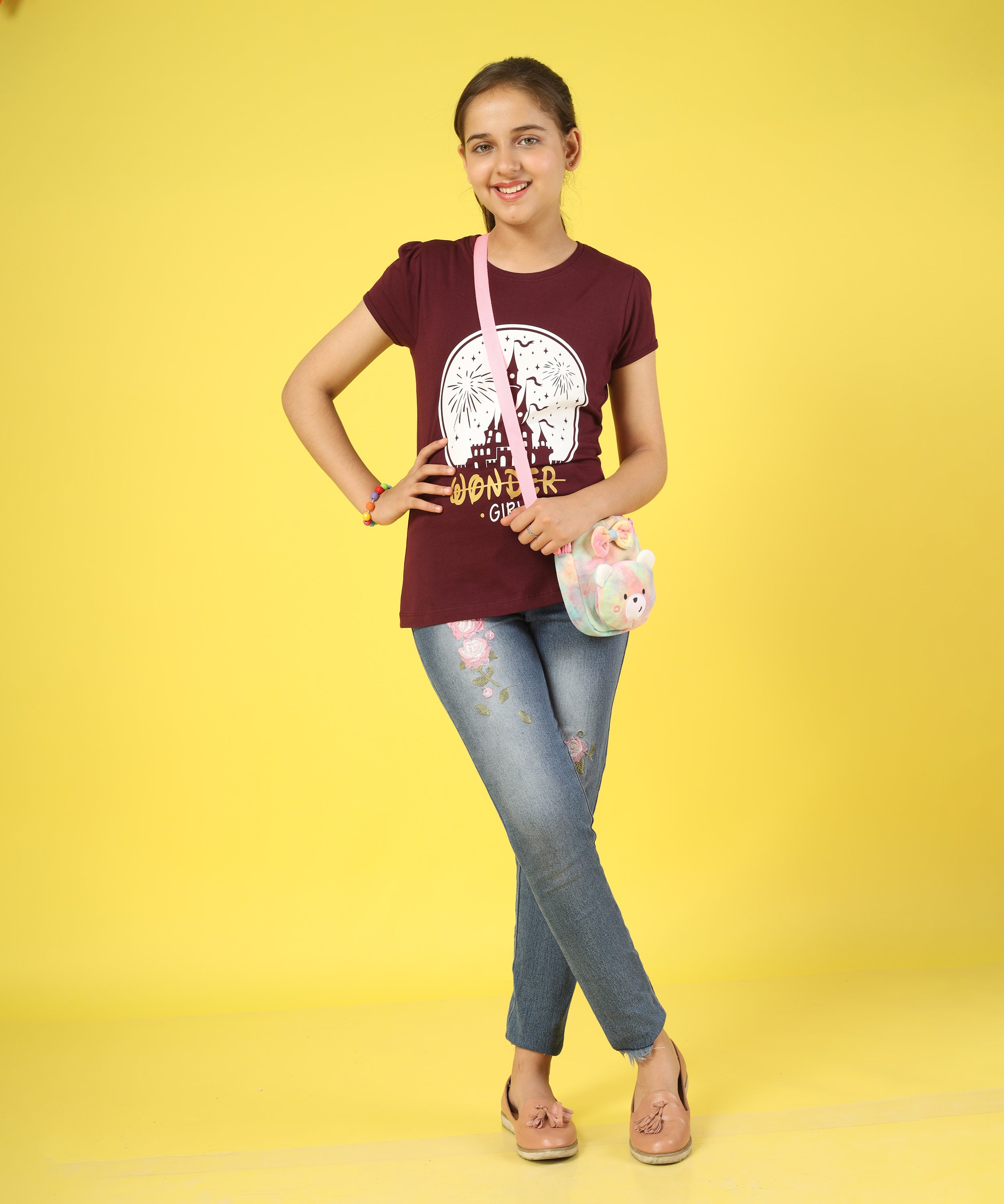 Girls Cotton Half Sleeve Printed Tops- Maroon
