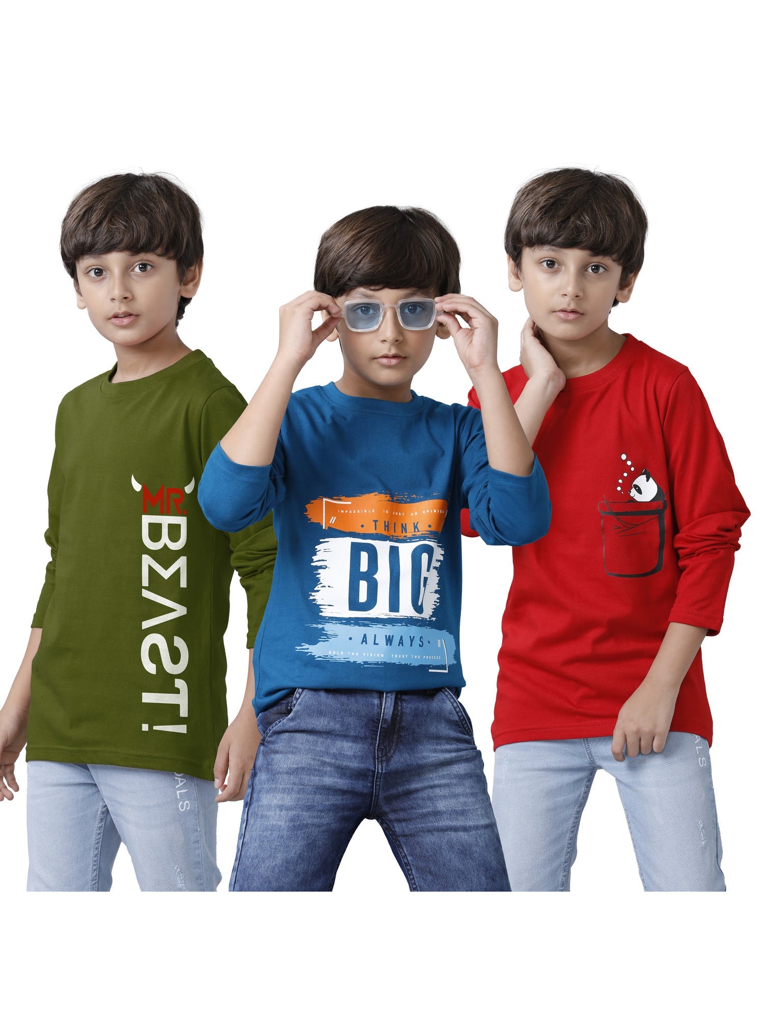 Boys Cotton Printed Full Sleeve T-Shirts Regular Fit (Pack of 3)