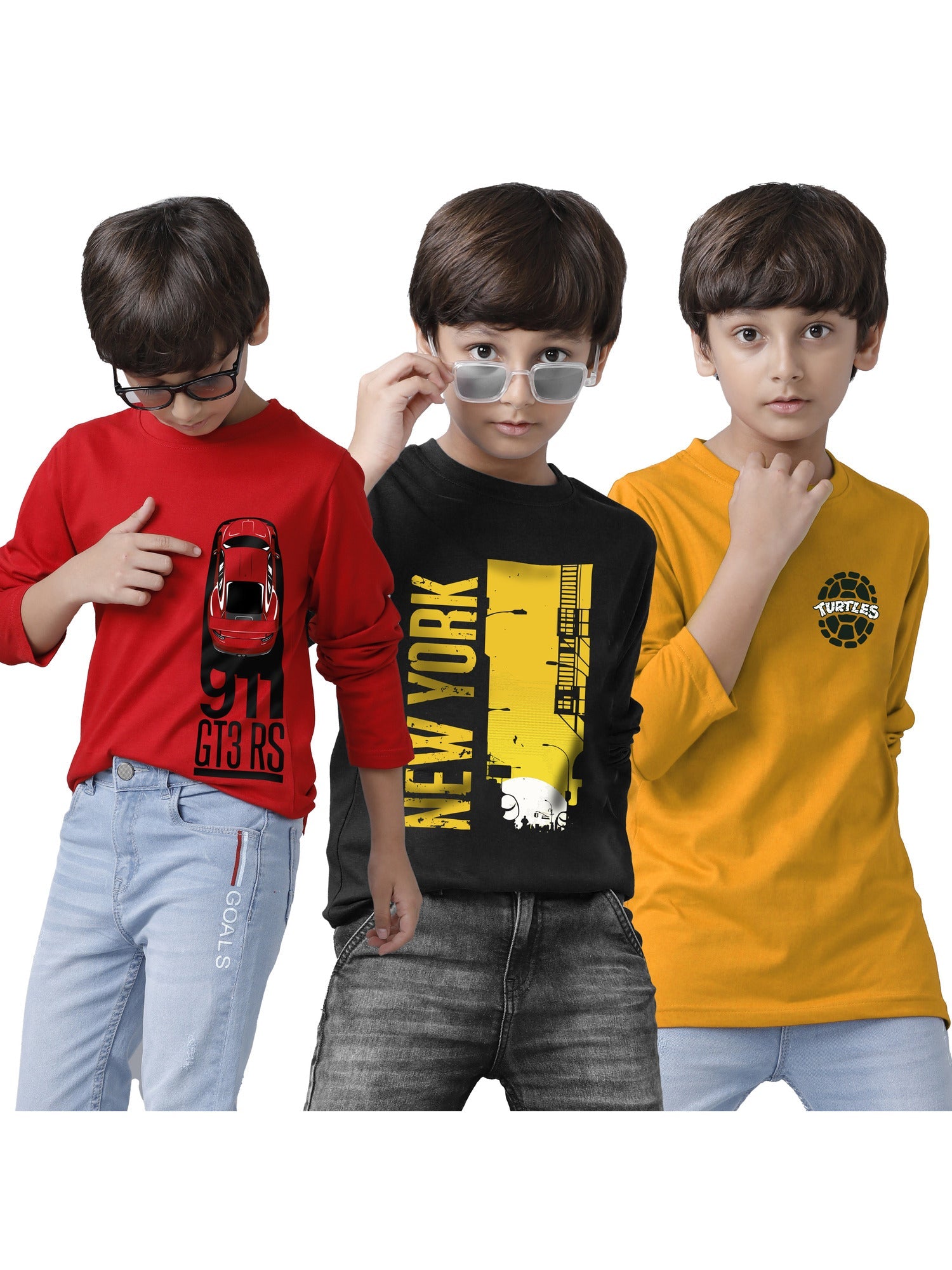 Boys Cotton Printed Full Sleeve T-Shirts Regular Fit (Pack of 3)