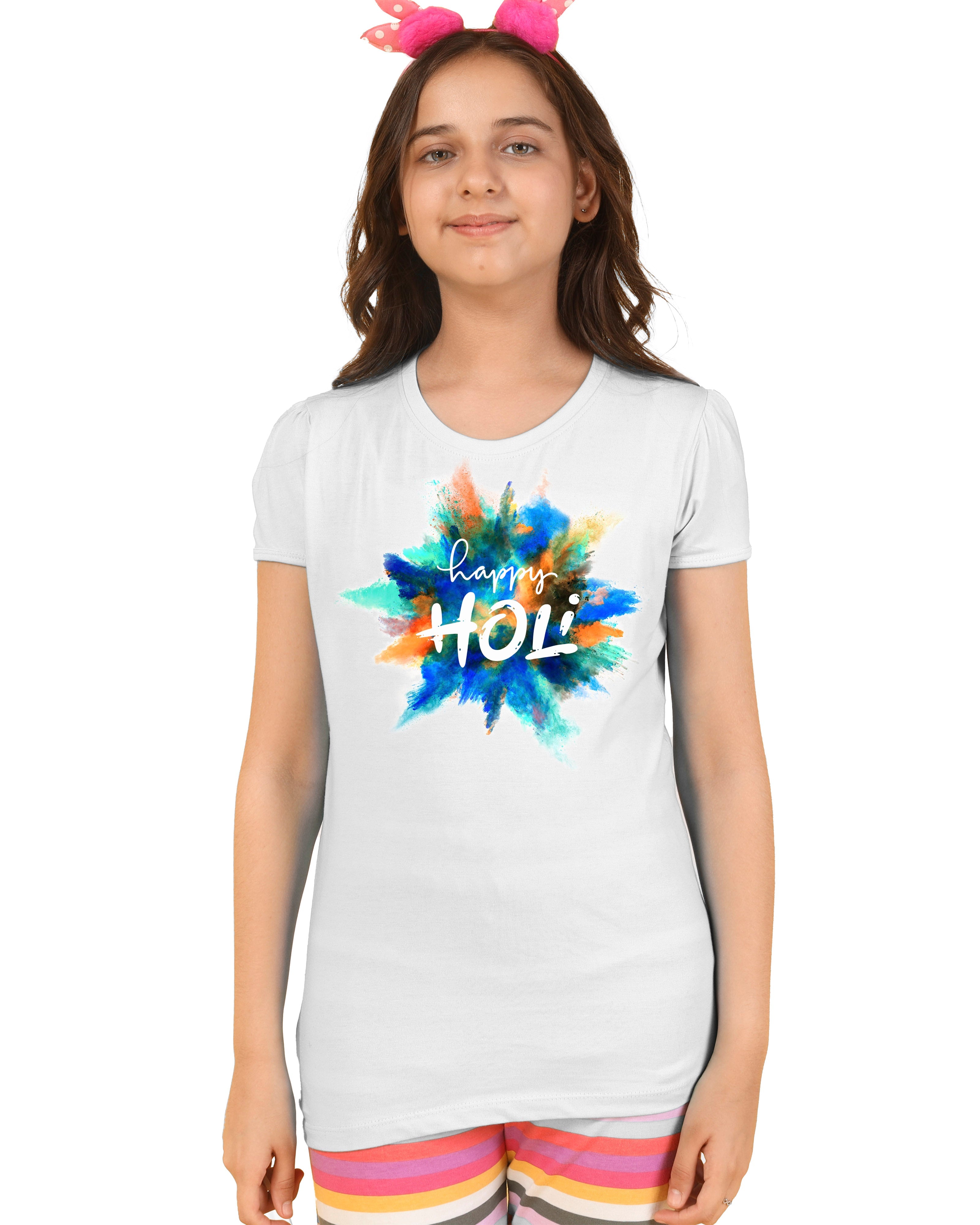 Girls Holi Printed Cyan T-Shirt