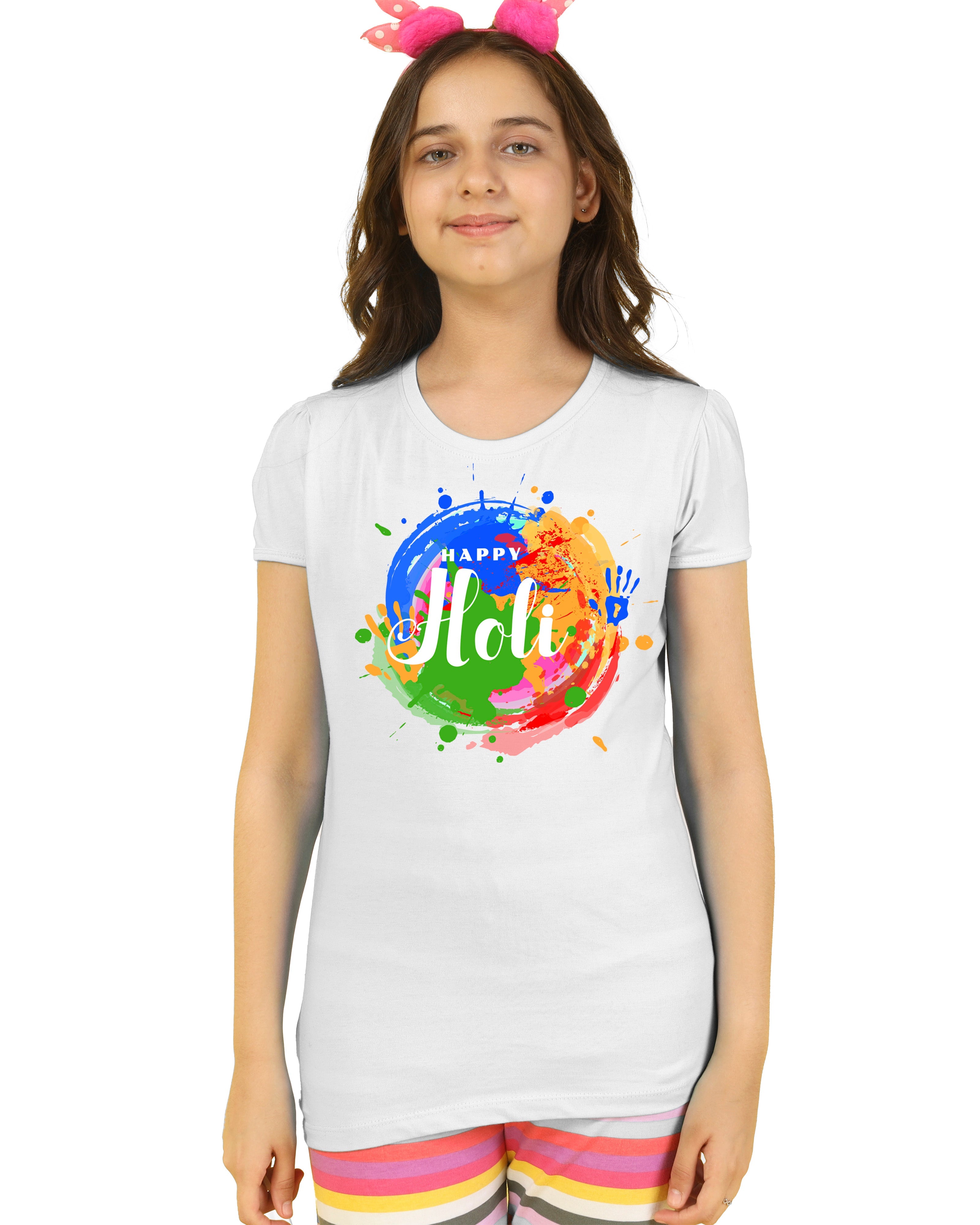 Girls Holi Printed Cyan T-Shirt