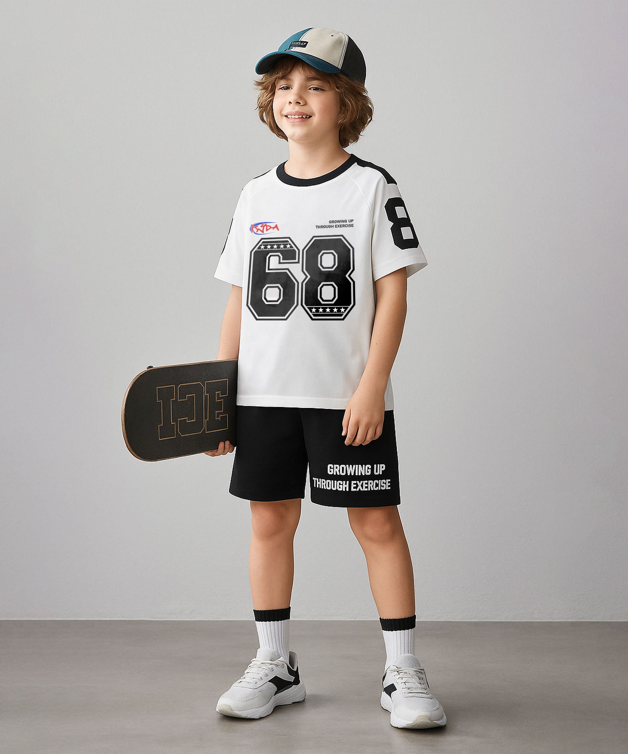 Boys Oversized Printed T-Shirt & Shorts Co-ord Set | White & Black