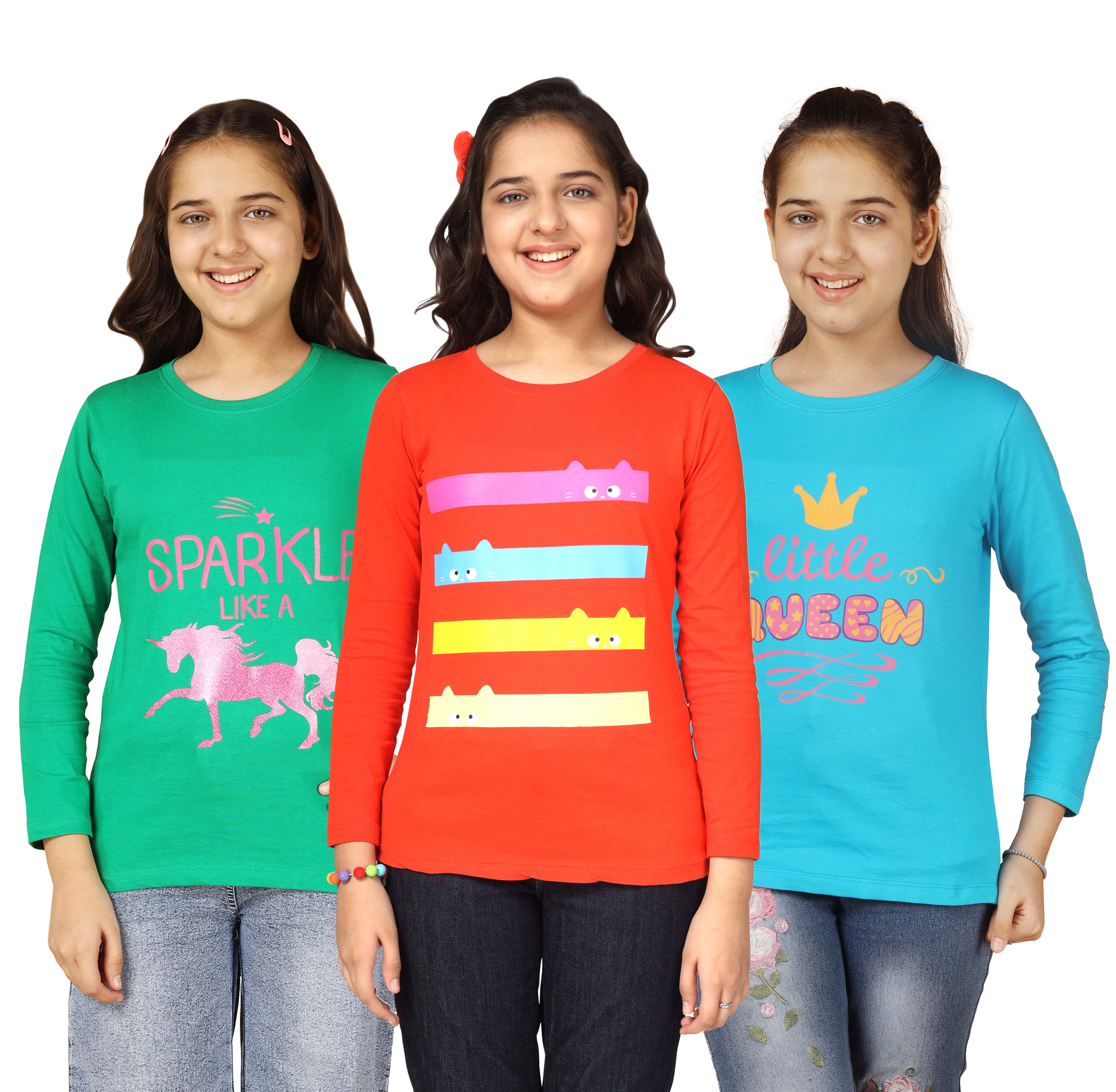 Girls Bio Washed Full Sleeve Cotton T-Shirt - Red (Pack of 3)