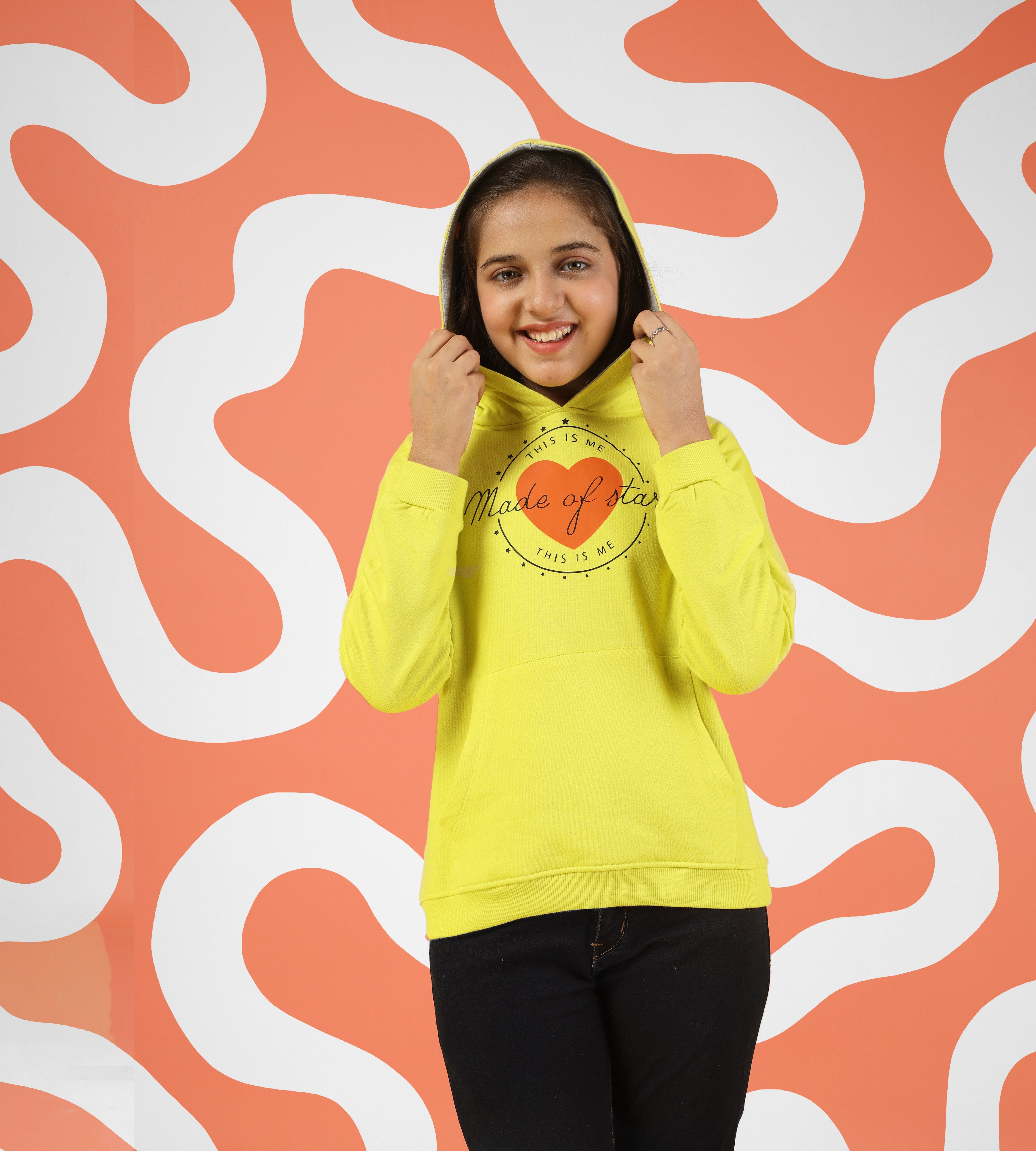 KYDA KIDS® Girl's Regular Fit Cotton Hooded Neck Sweatshirt with Long Sleeve in Yellow