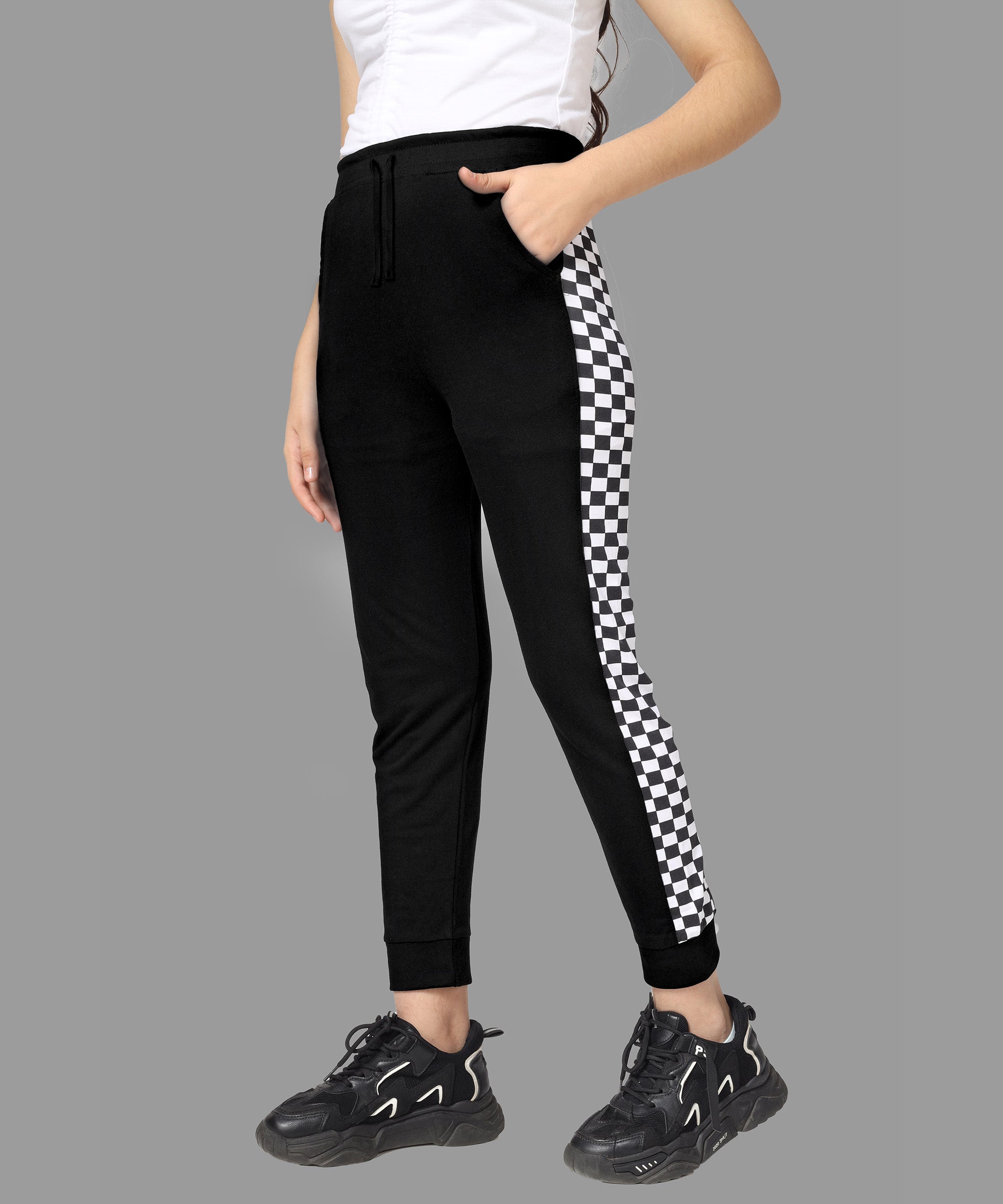 Girls Cotton Printed Track Pants with Pocket - Black