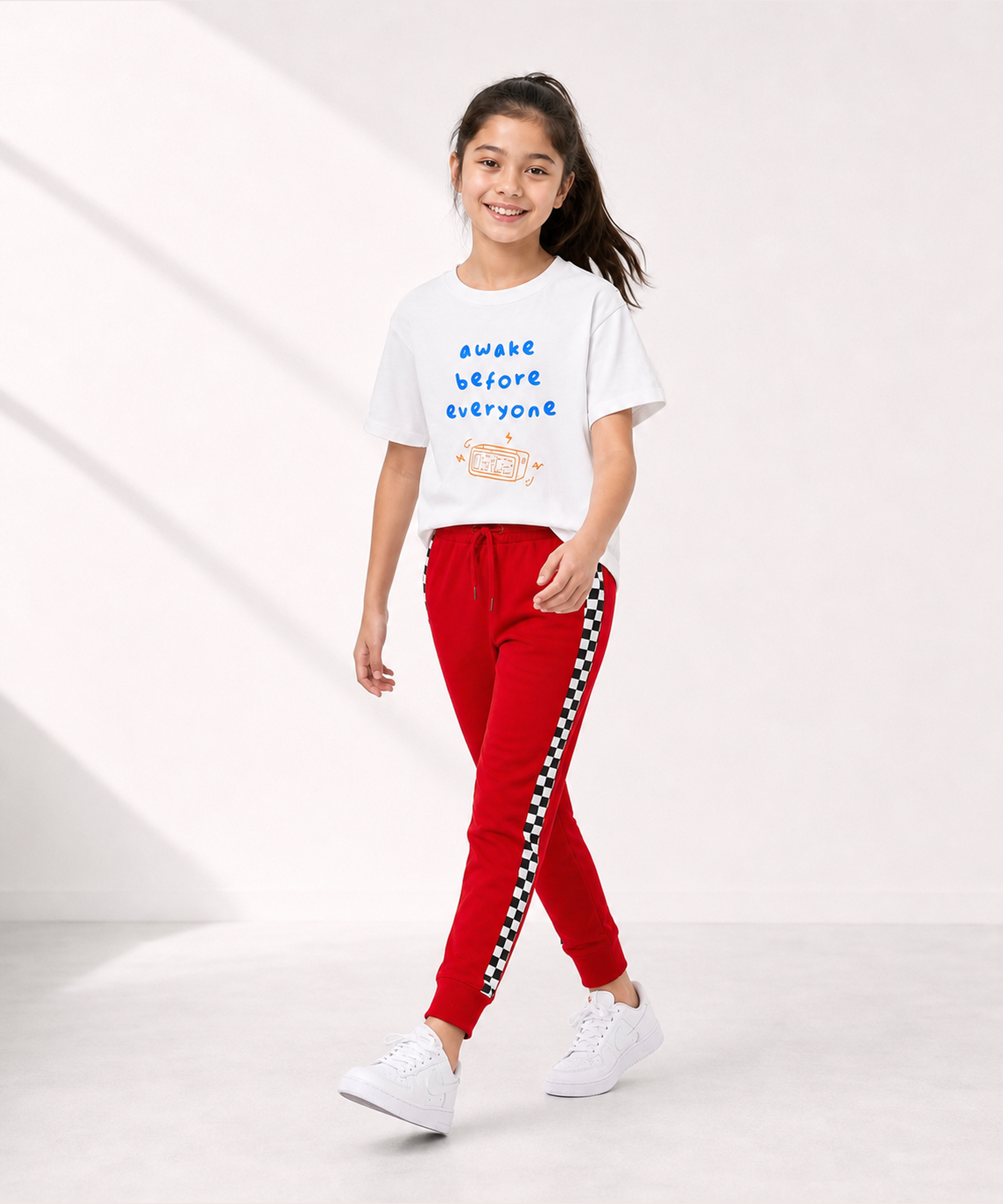 Girls Premium Cotton White Graphic T-Shirt & Red Side Stripe Pants Set | Regular Fit