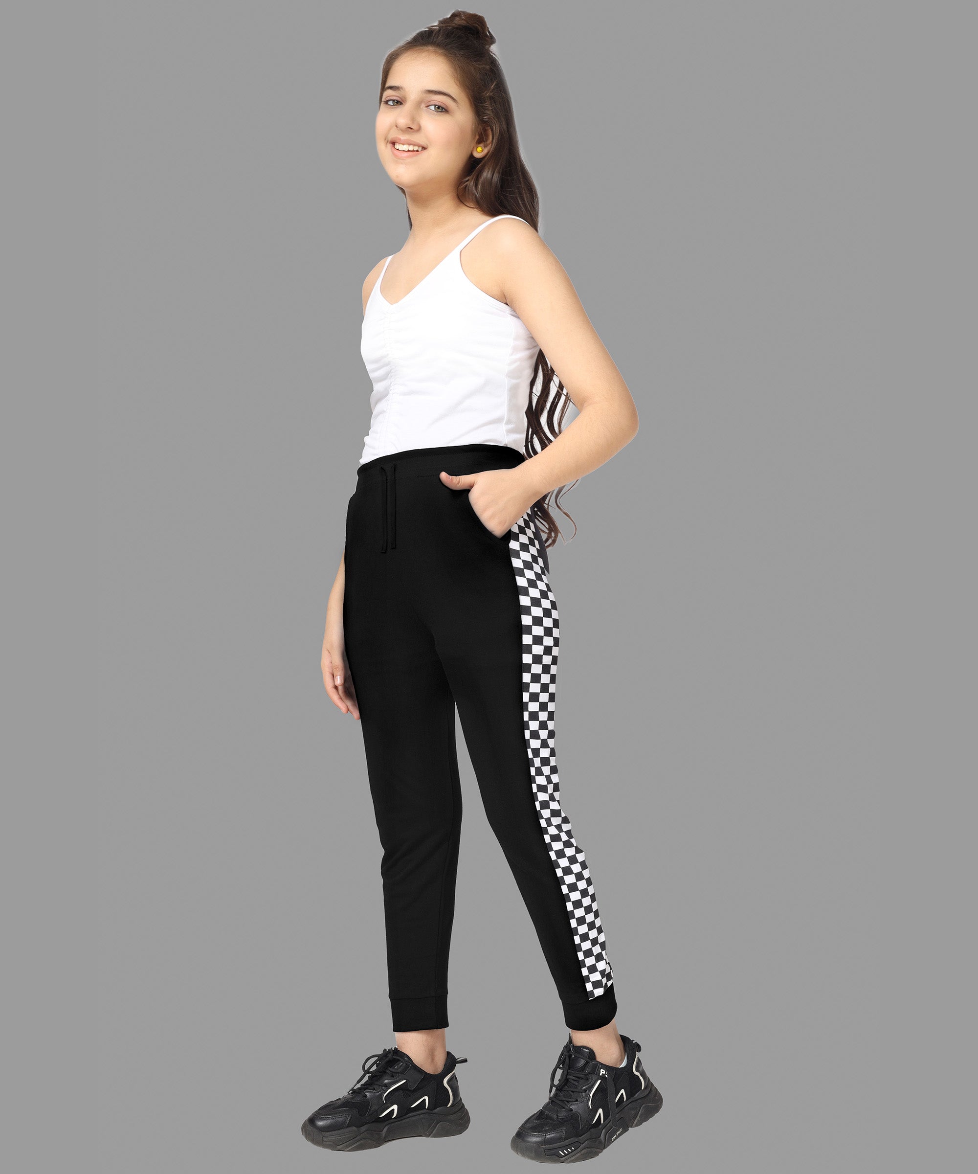 Girls Cotton Printed Track Pants with Pocket - Black