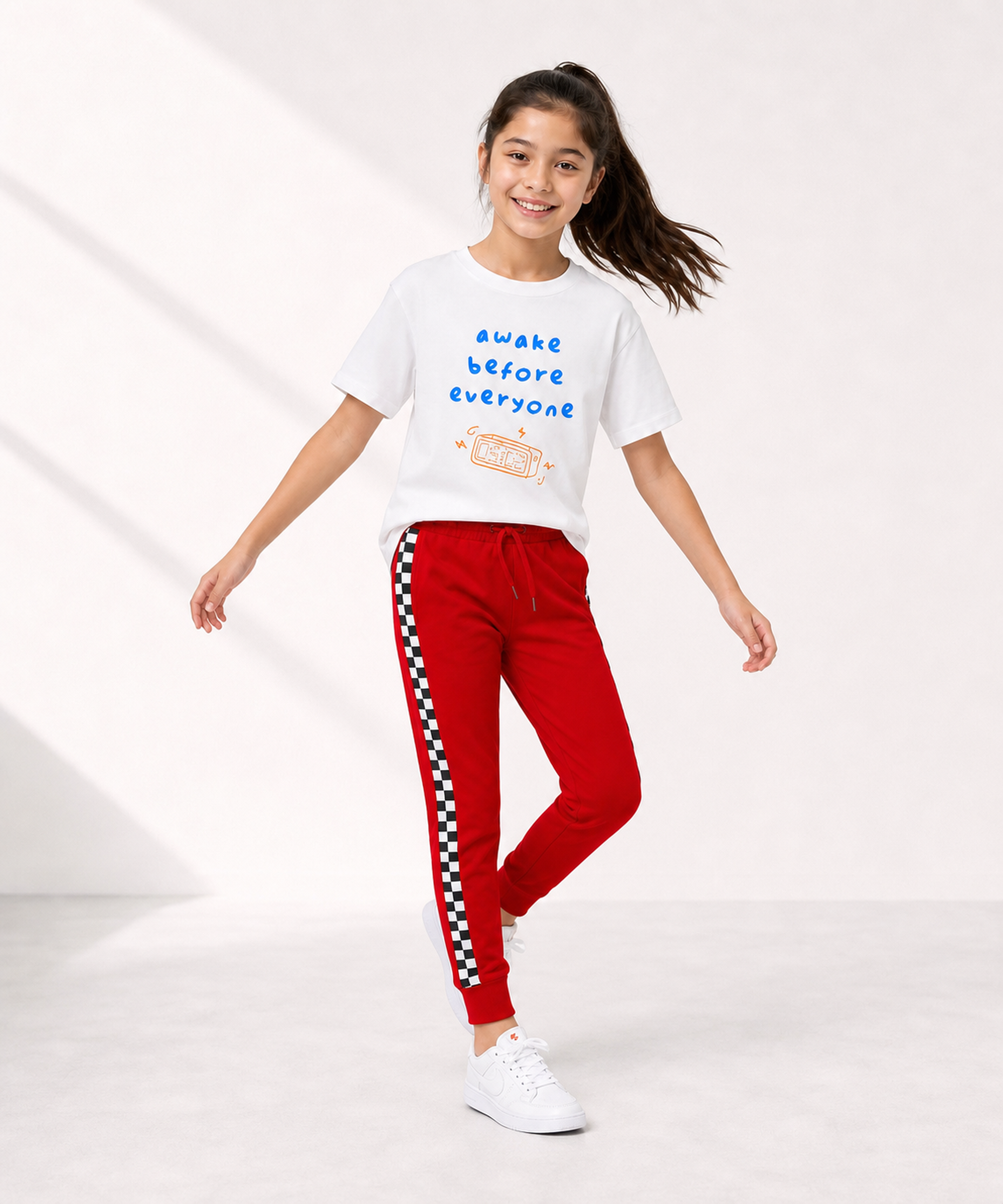 Girls Premium Cotton White Graphic T-Shirt & Red Side Stripe Pants Set | Regular Fit
