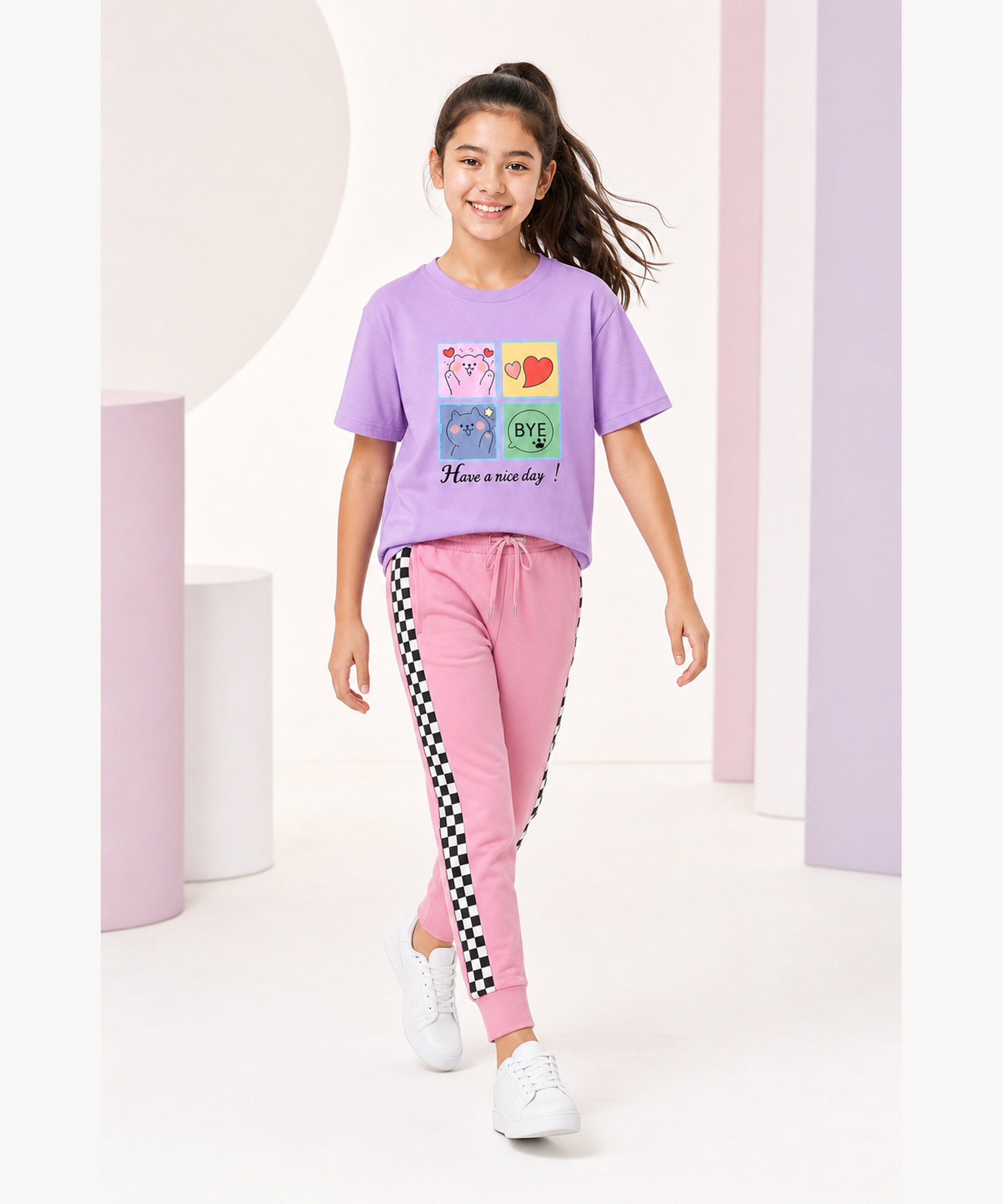 Girls Premium Cotton Lavender Graphic T-Shirt & Pink Side Stripe Pants Set | Regular Fit