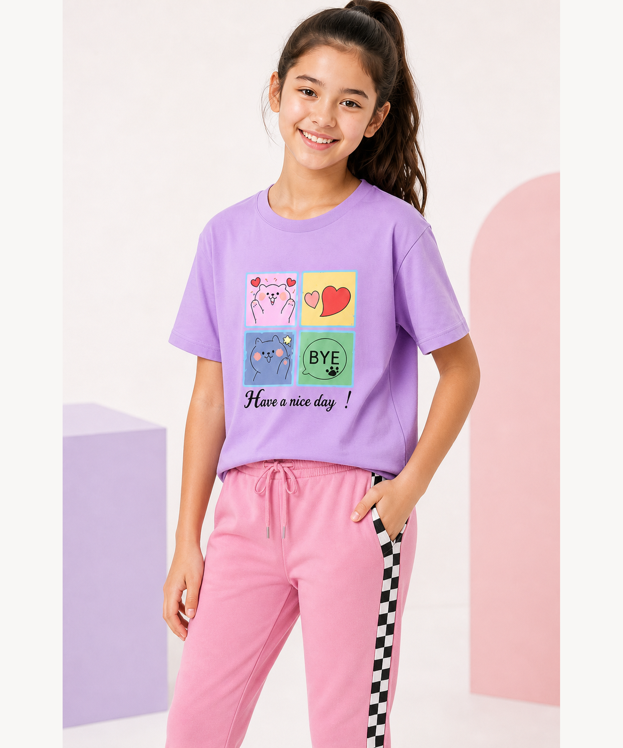 Girls Premium Cotton Lavender Graphic T-Shirt & Pink Side Stripe Pants Set | Regular Fit