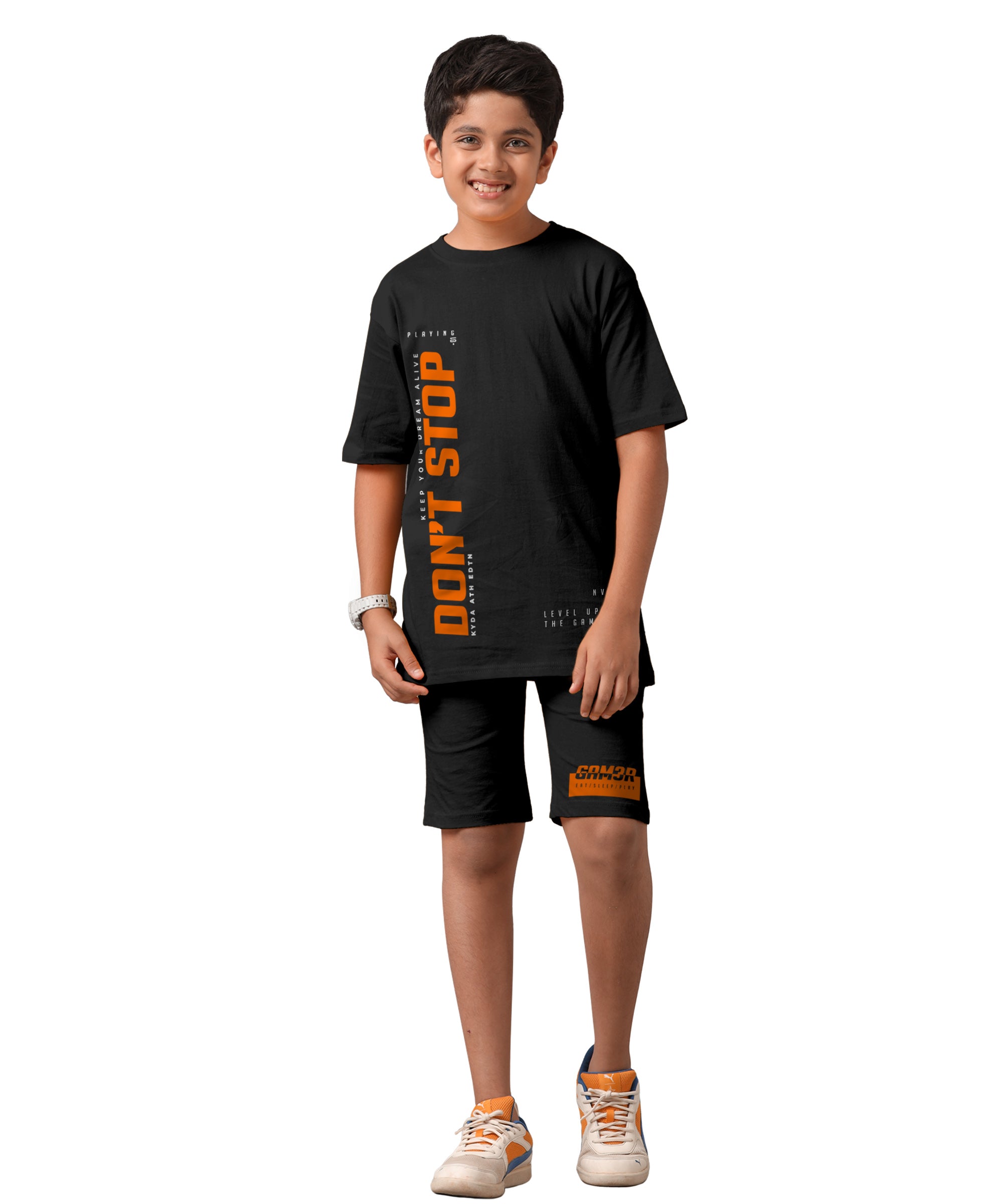 Boy's 100% Pure Cotton Premium Printed Black Tshirt and Shorts Set