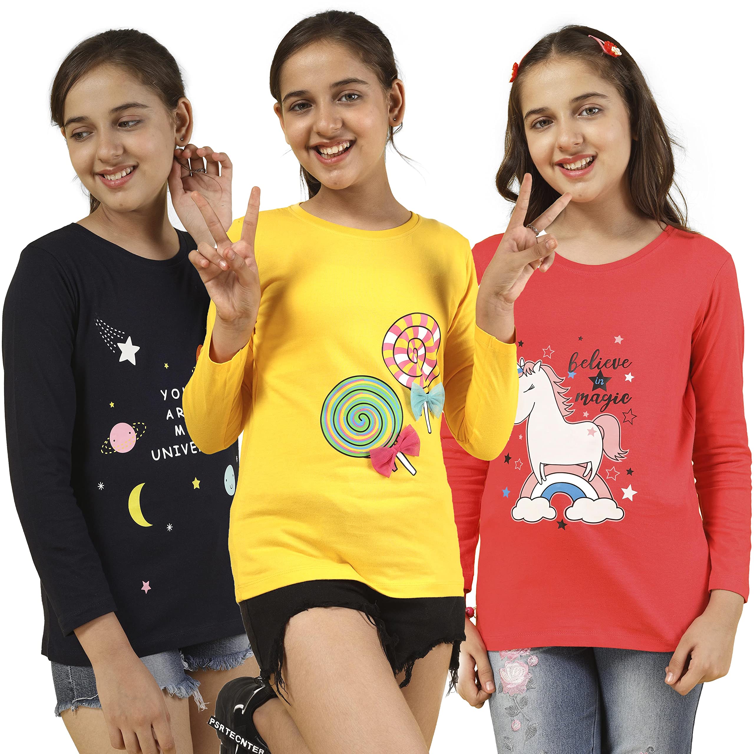 Girls Cotton Printed Full Sleeve T-Shirt - Yellow (Pack of 3)