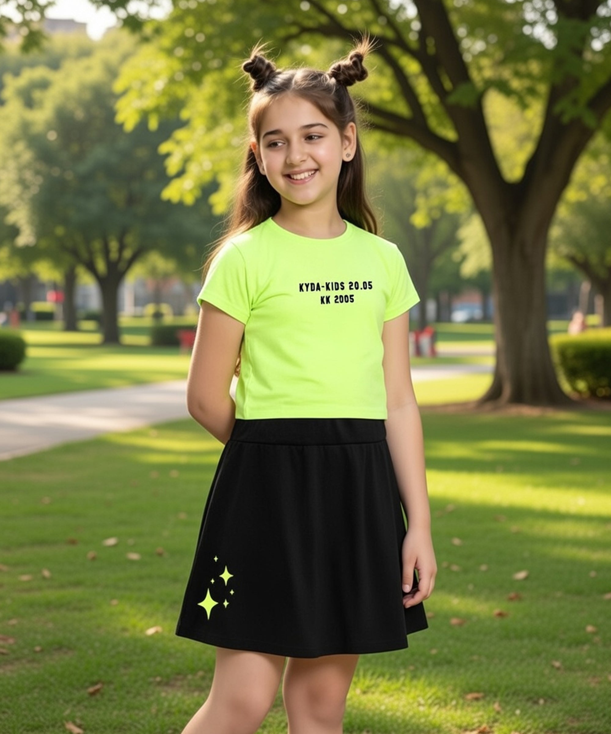 Girls Letter Print Cotton Printed Clothing Set-GreenBlack