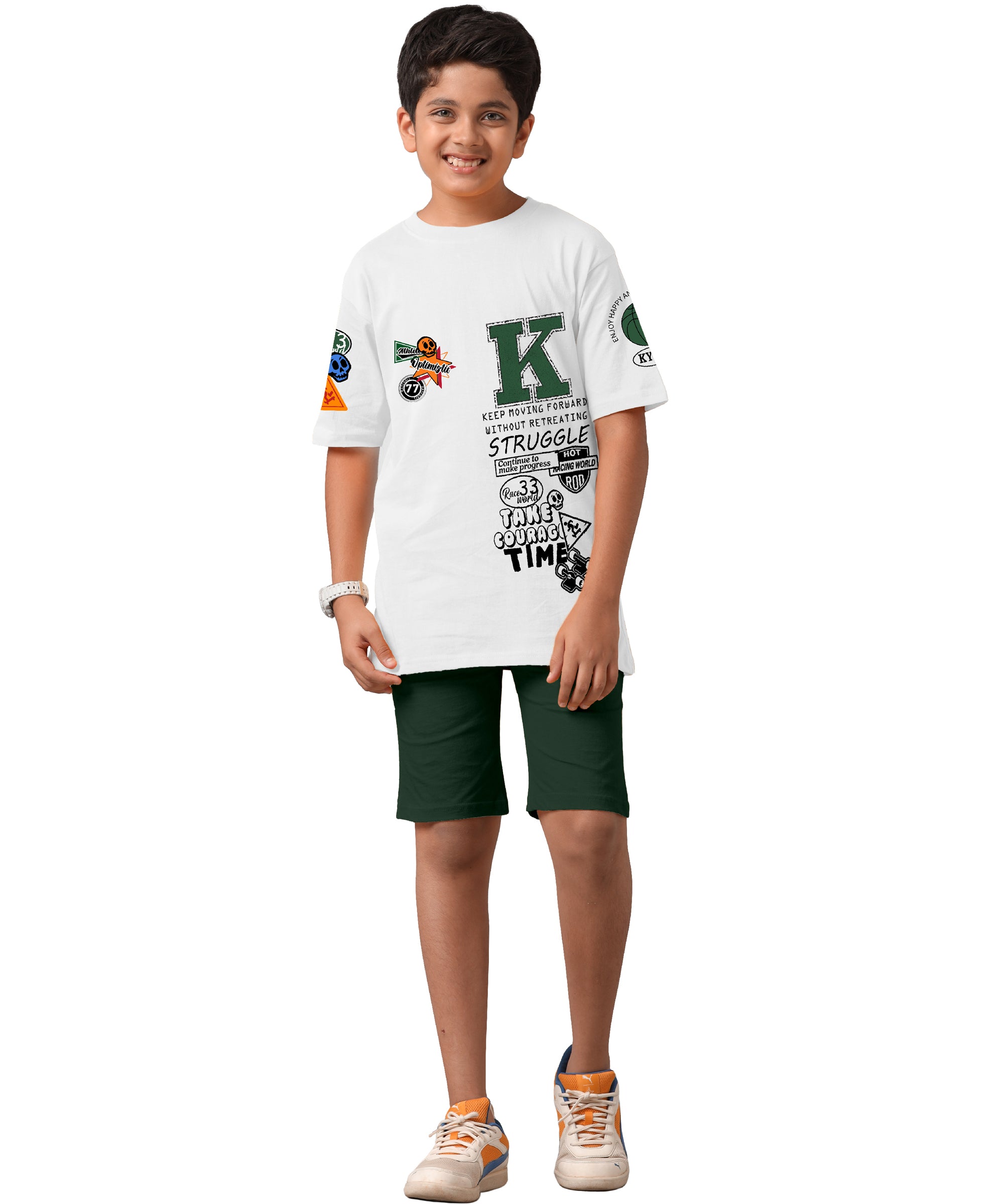 Boy's 100% Pure Cotton Premium Printed White Tshirt and Green Shorts Set