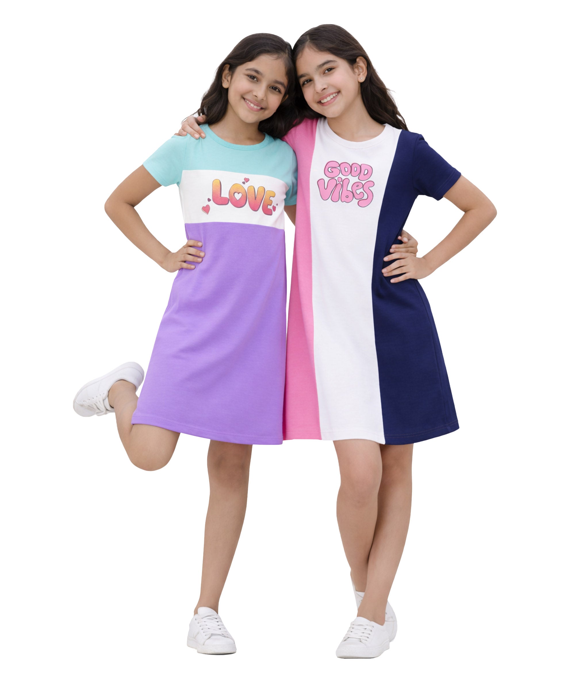 Girls Cotton Knee-Length T-Shirt Dress | Pack of 2